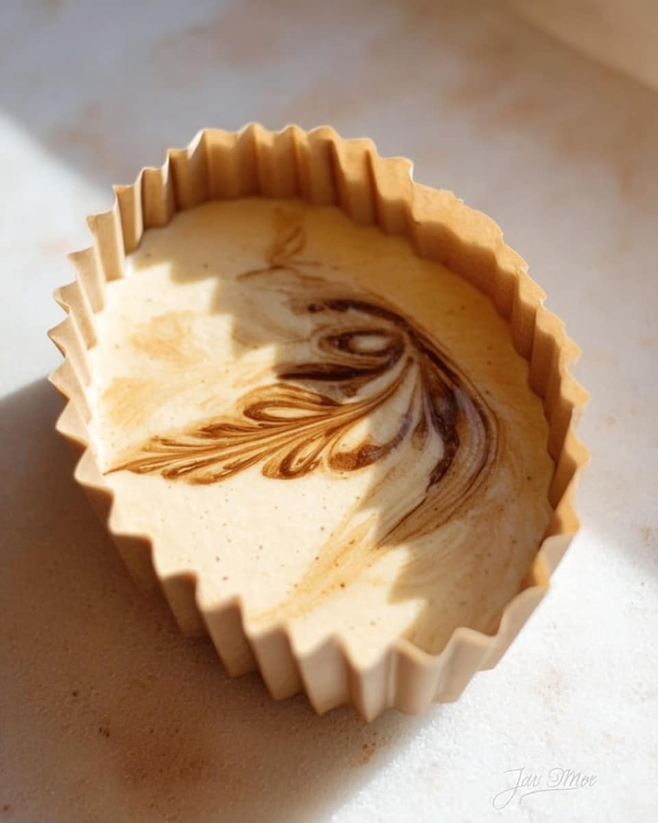 The image shows a light beige batter inside a paper baking mold with pleated edges. On top of the batter, there is a dark brown swirl pattern, gently blended to create a leaf or feather-like design in the center. The background is a soft white marbled surface, and the overall lighting is natural and warm, highlighting the smooth texture of the batter and paper mold. Photo taken with an iphone --ar 4:5 --v 7