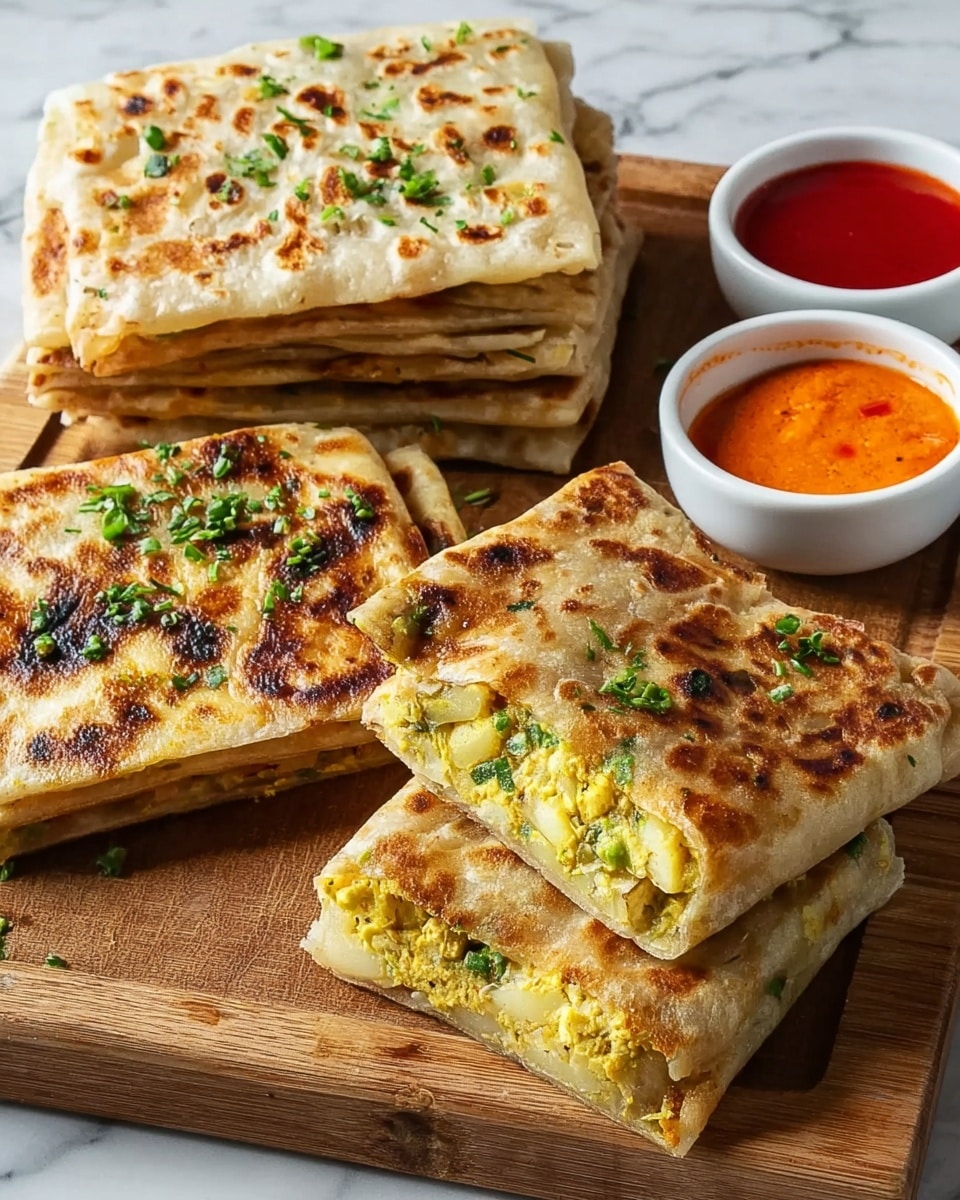 The image shows a wooden board with nine square pieces of stuffed flatbread arranged neatly. Each piece has a golden-brown, crisp outside with some darker char marks. One piece is held up by a woman's hand, split open to reveal a thick, yellowish-green filling with visible chunks of vegetables and herbs. To the side, there are small white bowls with reddish and orange sauces. In the background, there is a side of fresh salad with green lettuce and a cherry tomato on a white marbled surface. photo taken with an iphone --ar 4:5 --v 7