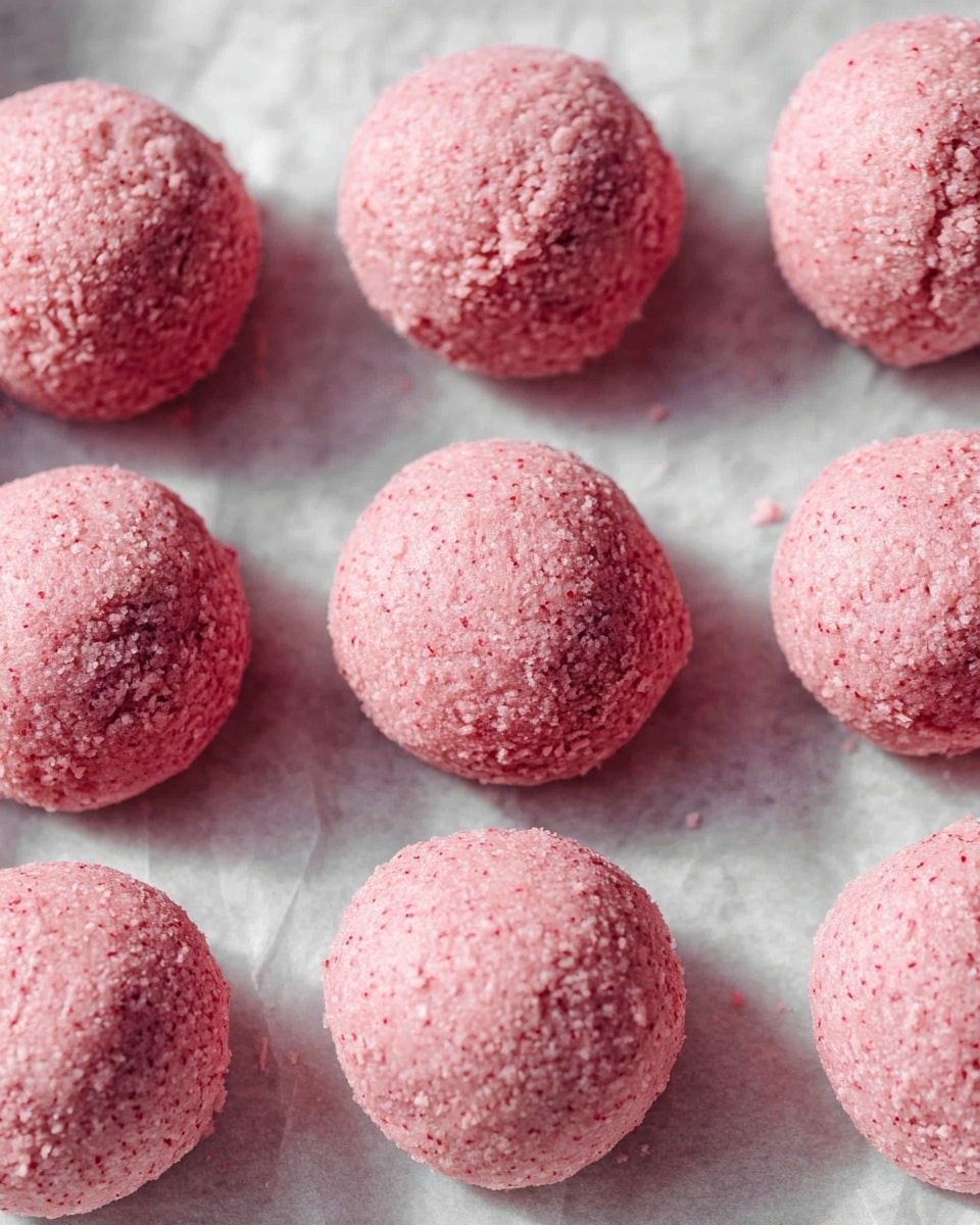 The image shows about ten small, pink, round balls with a rough texture arranged closely in rows on white parchment paper. Each ball has an uneven surface with small crumbs and cracks, making them look crumbly and soft. The color is a consistent light pink with tiny darker pink spots all over. The background is a white marbled texture, giving a clean and bright look to the setting photo taken with an iphone --ar 4:5 --v 7