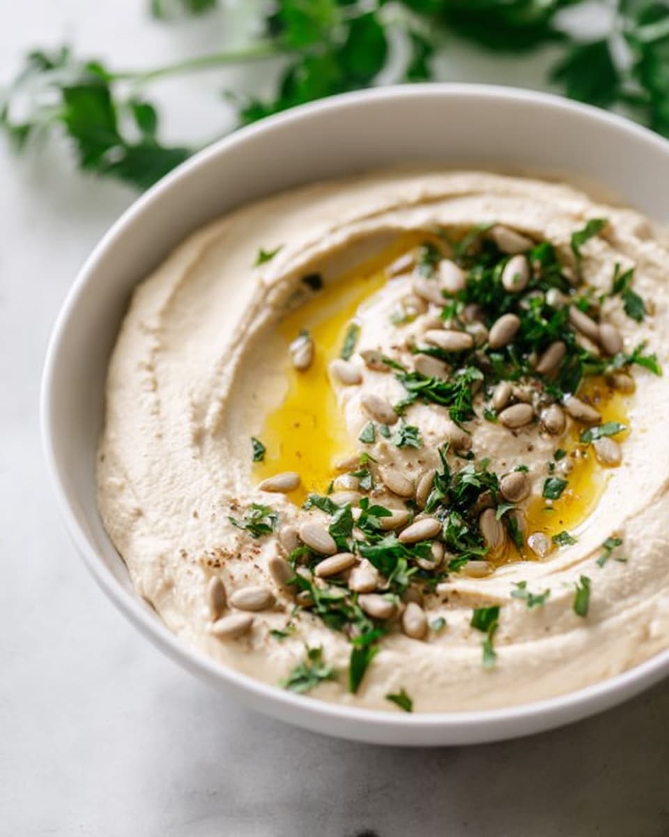 This image shows a white bowl filled with smooth, creamy hummus. The hummus is light beige in color and has a swirl texture on the surface. There is a small pool of golden olive oil in the center, adding shine and contrast. On top, there are scattered sunflower seeds and finely chopped green parsley, giving the dish a fresh look. The bowl is placed on a white marbled surface with blurred green leaves in the background. photo taken with an iphone --ar 4:5 --v 7