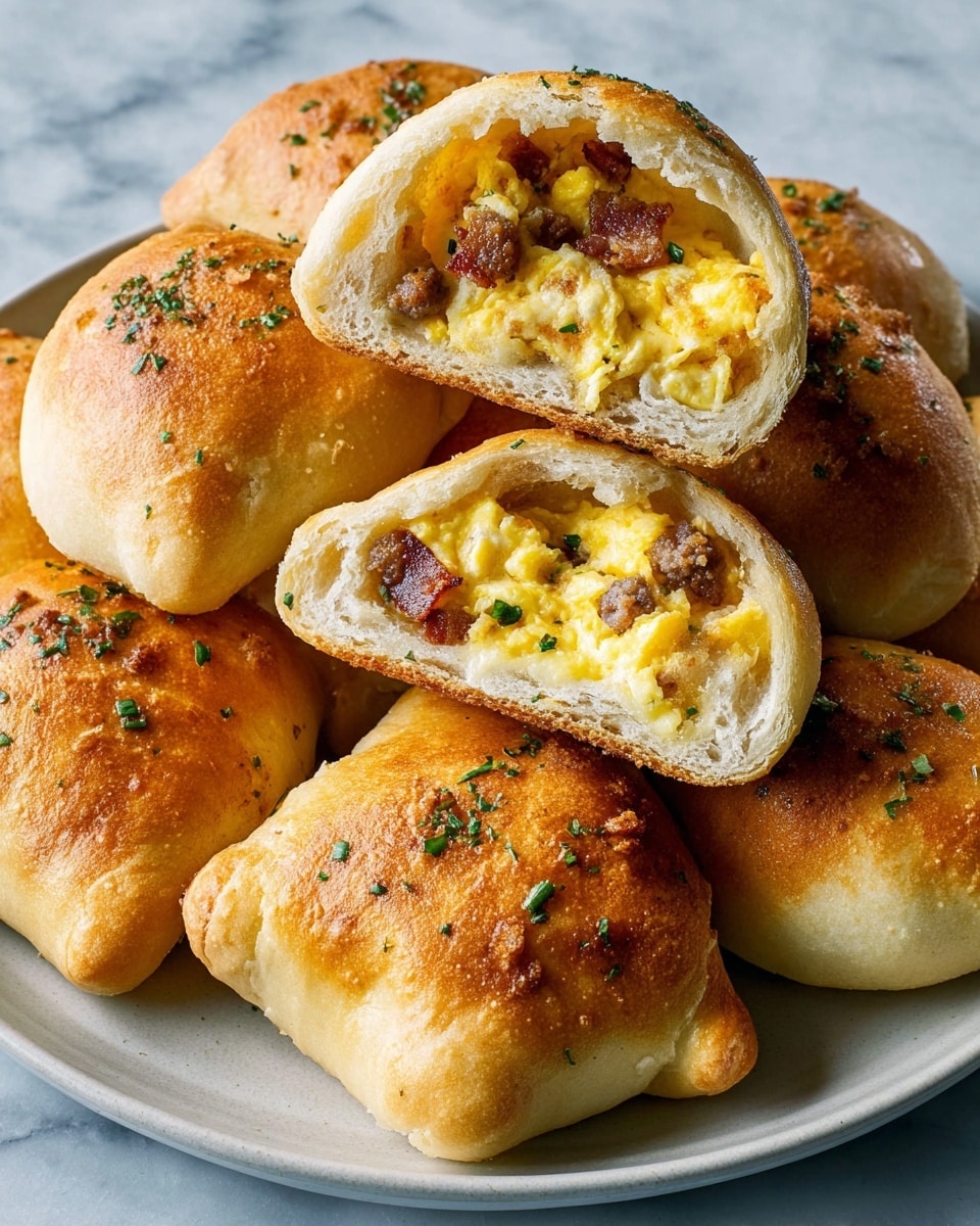 A white plate holds six golden brown baked buns with a shiny, slightly crispy texture. Two buns are cut in half and placed on top, showing a soft inside filled with scrambled eggs mixed with small pieces of browned meat and tiny green herb bits. The buns are sprinkled with fresh chopped chives on top, adding a touch of green color. The plate sits on a white marbled surface. photo taken with an iphone --ar 4:5 --v 7