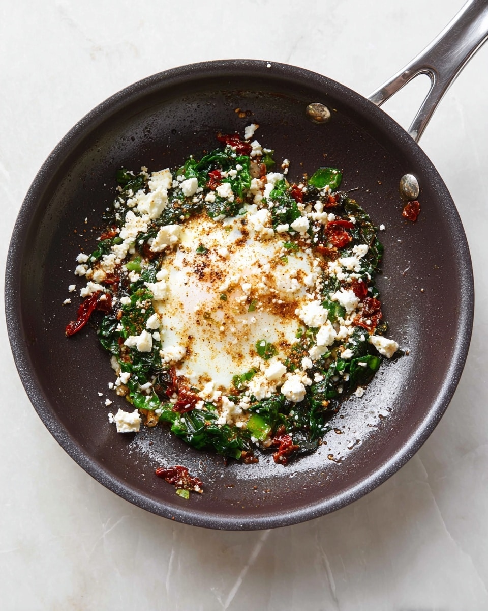 In a dark frying pan, there is one cooked egg laying flat in the center, topped with a layer of dark green leafy vegetable pieces mixed with small red bits, possibly sun-dried tomatoes. Over this, there is a scattered layer of white crumbled cheese and a sprinkle of light brown seasoning powders, creating a mix of colors and textures. The pan rests on a surface with a white marbled texture. photo taken with an iphone --ar 4:5 --v 7