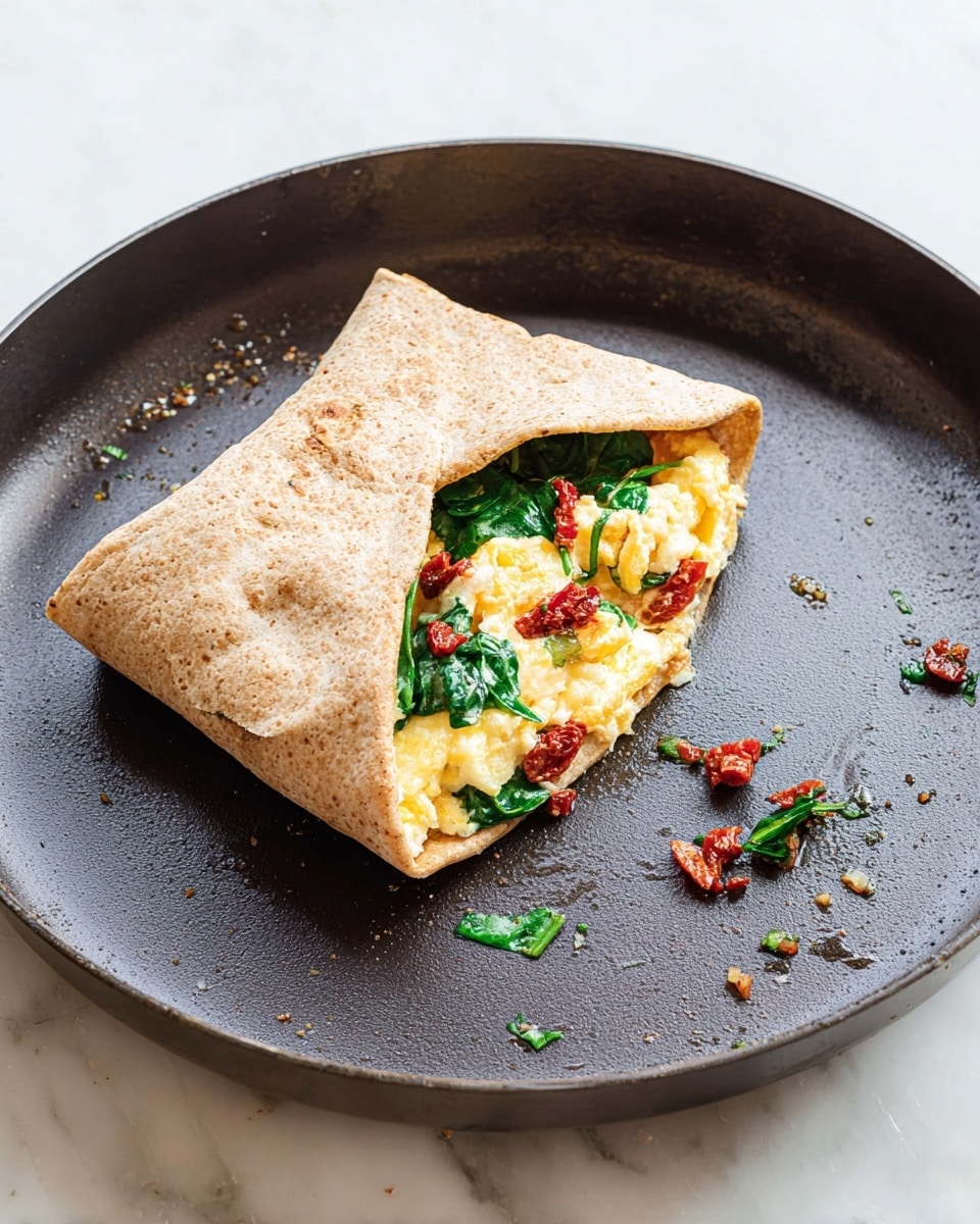 A toasted wrap is open on a dark pan with two side edges folded inward showing its filling. Inside, there are three main layers: a layer of scrambled eggs with a soft, slightly shiny texture and light yellow color, scattered chopped dark green spinach leaves, and bits of bright red sun-dried tomatoes. The wrap is a light brown whole wheat tortilla with some folds and creases. Small pieces of spinach and sun-dried tomato are scattered inside the pan around the wrap. The pan is placed on a white marbled surface. photo taken with an iphone --ar 4:5 --v 7