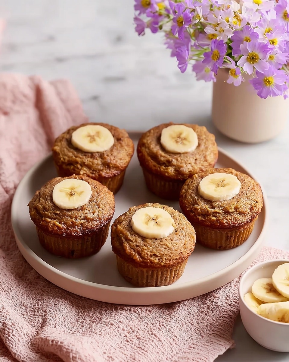 Six brown banana muffins are placed on a round white plate, each muffin topped with a single slice of banana at the center. The plate rests on a soft pink cloth with a textured weave on a white marbled surface. To the bottom right, a small white bowl contains extra banana slices. In the upper right corner, a white vase holds a bunch of small purple flowers with yellow centers, adding a fresh and bright touch to the scene. photo taken with an iphone --ar 4:5 --v 7