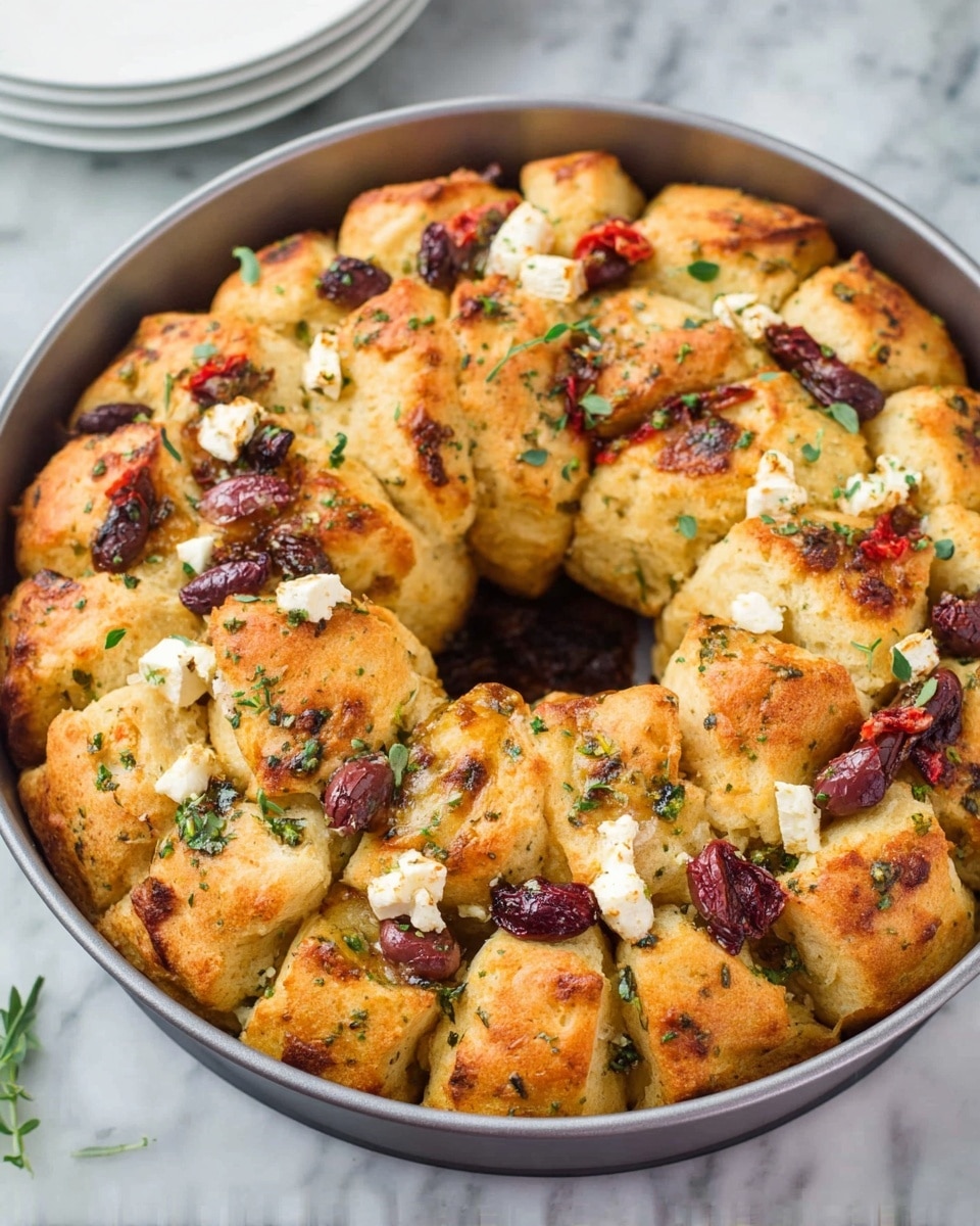 The image shows a round silver bundt pan filled with golden brown biscuits that are slightly puffed and arranged in a circle with a hollow center. The biscuits have a textured, soft surface and are topped with small pieces of white cheese, dark purple olives, and bits of red sun-dried tomatoes scattered evenly. Fresh green herbs are sprinkled over the top, adding a pop of color, while some melted cheese peeks out from between the biscuit layers. The pan sits on a white marbled surface with some stacked white plates and a green striped cloth in the background. photo taken with an iphone --ar 4:5 --v 7