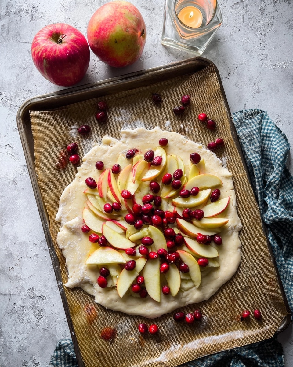 A round dough sheet lies on a baking tray lined with a brown mat, with uneven edges showing a handmade look. On top, there is one layer of sliced apples, light yellow with red edges, arranged mostly in the center but spread unevenly to the edges. Scattered on top of the apples is a second layer of small, glossy red cranberries. In the background, there are two whole apples with red and yellow skin and a softly wrinkled blue and white checkered cloth. A square glass candle holder with a lit candle sits between the apples and dough. The surface under the tray is a white marbled texture photo taken with an iphone --ar 4:5 --v 7