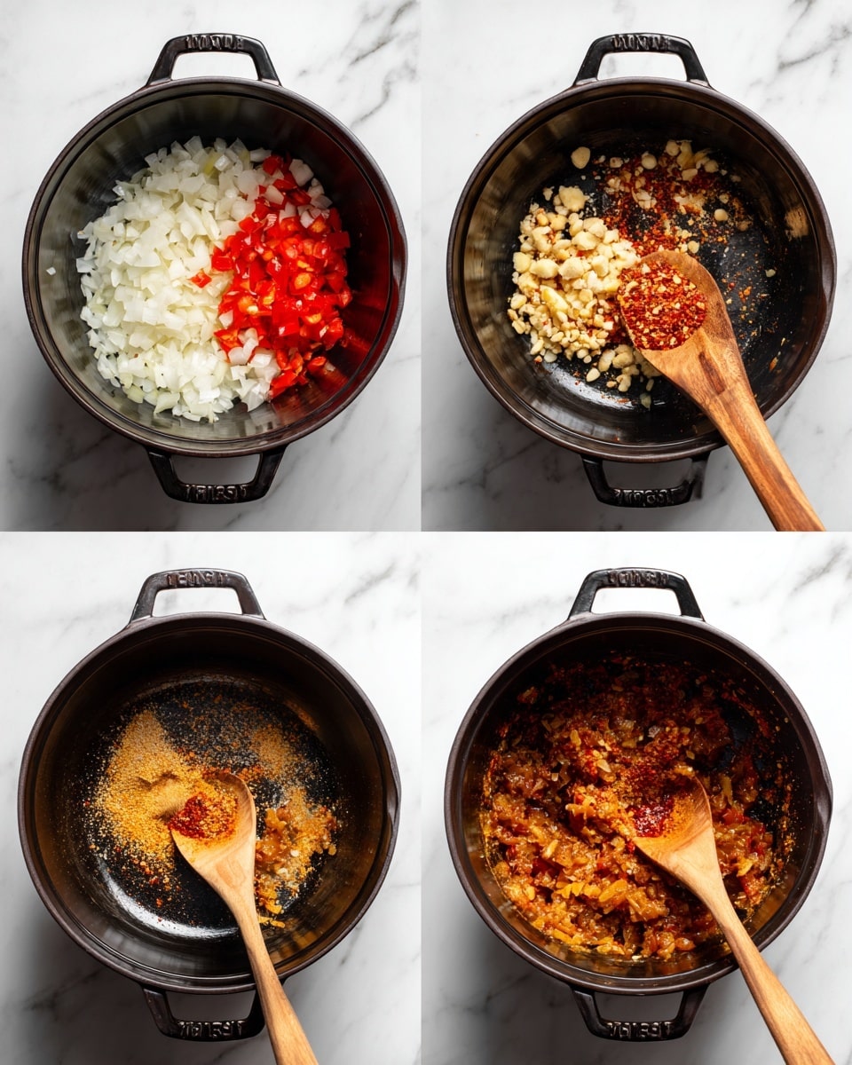 A sequence of four images shows the cooking stages inside a deep black cooking pot with handles on both sides, placed on a white marbled surface. The first layer inside the pot has finely chopped white onion and bright red bell pepper pieces on one side. The second image adds minced garlic and ginger, displayed with a wooden spoon stirring the mixture of white, red, and pale yellow colors. The third image shows the same pot with added seasonings in brown, yellow, and red powder and paste mixed with the onion and pepper, and the wooden spoon stirring it. The fourth image reveals a thicker, browned mixture with the same red pepper bits and spices, stirred by the wooden spoon, showing the cooking progress. Photo taken with an iphone --ar 4:5 --v 7