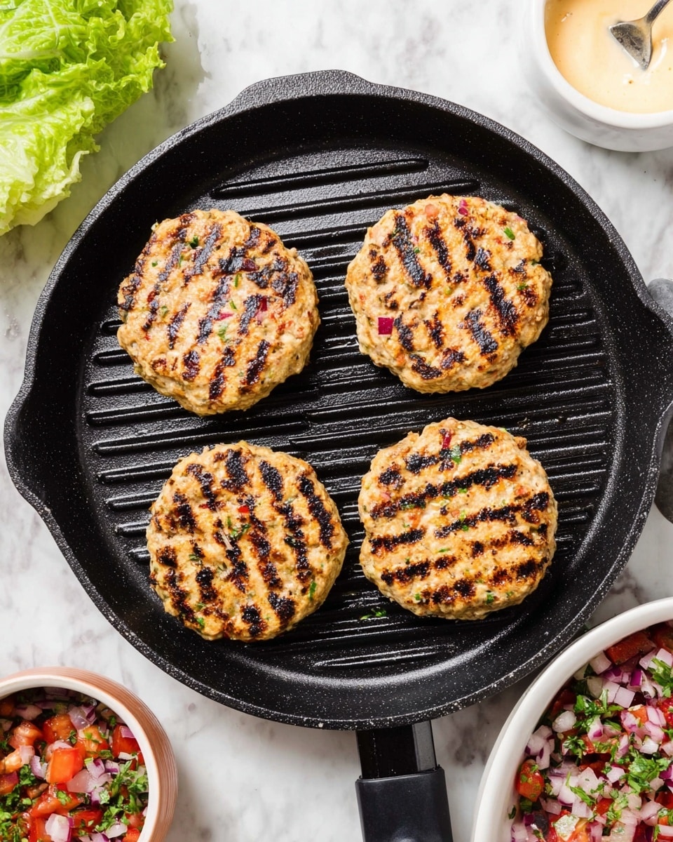 The image shows four round grilled patties cooked with visible brown and black char marks, sitting inside a black grill pan with ribbed lines. The patties have a light golden color with small bits of red and green ingredients mixed inside. The grill pan is placed on a white marbled surface, and around it are some green lettuce leaves on the top left, a white bowl with a creamy sauce on the top right, and another white bowl with a colorful mix of diced red tomatoes, onions, and herbs with a spoon on the bottom right. Photo taken with an iphone --ar 4:5 --v 7