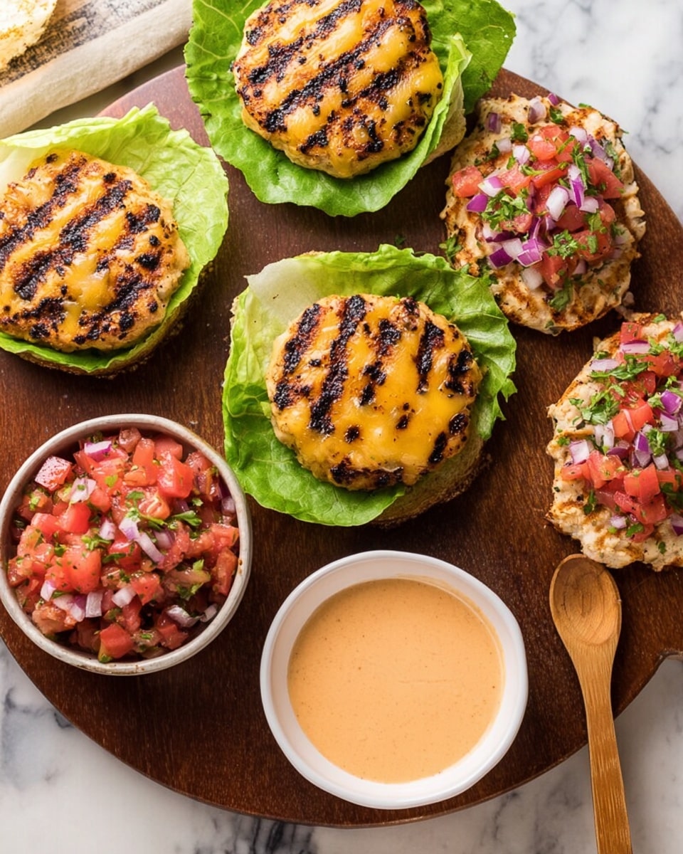 Four grilled chicken patties each resting on a fresh green lettuce leaf, topped with melted light yellow cheese showing clear grill marks, arranged on a round wooden board. One patty is open-faced, showing diced red tomatoes and chopped red onions with green herbs on top. Two small white bowls are placed beside the patties: one filled with chunky red tomato salsa with onion pieces and green herbs, the other holding a smooth light orange sauce with a small wooden spoon. The background is a white marbled surface. photo taken with an iphone --ar 4:5 --v 7