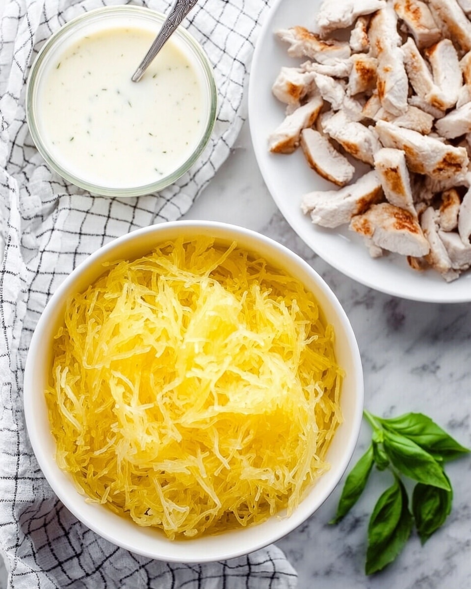 The image shows three white dishes on a white marbled surface with a white and gray checkered cloth partially underneath. In the foreground, a white bowl is filled with yellow spaghetti squash strands, finely textured and loosely piled. To the right and slightly above is a white plate with evenly sliced cooked chicken pieces that have a browned exterior and tender inside. On the left side, there is a clear glass container with a creamy white sauce inside and a spoon resting in it. A woman's hand is holding the container. Bright green basil leaves are partly visible in the lower right corner. Photo taken with an iphone --ar 4:5 --v 7
