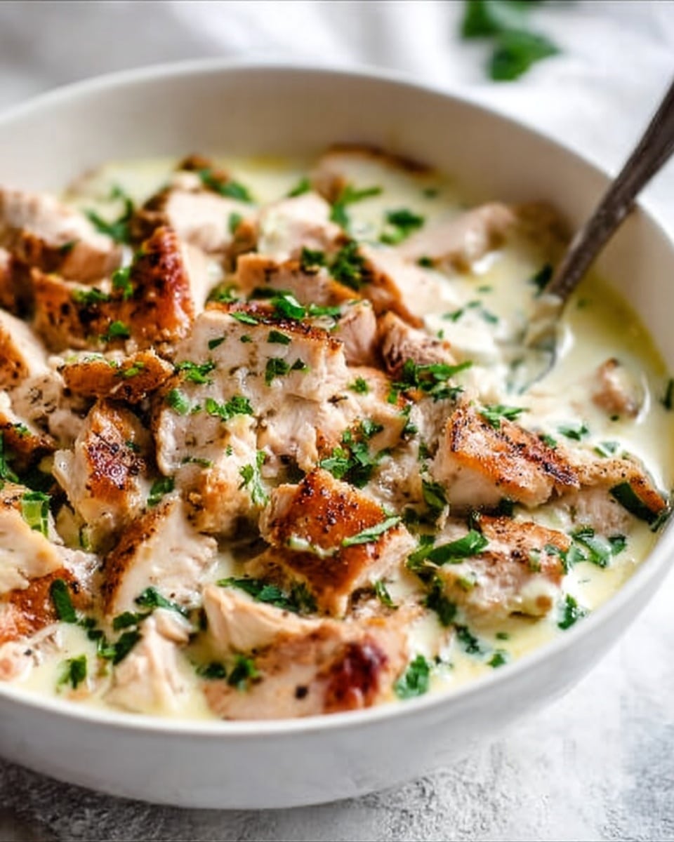 The image shows a white bowl filled with tender cooked chicken pieces that have a light brown, slightly crispy skin layer. The chicken sits on a layer of creamy white sauce that looks smooth and thick. Chopped fresh green herbs are scattered over the chicken, adding a bright, fresh contrast. A silver spoon is partly inside the bowl, resting on the edge. The bowl is placed on a white marbled surface with a soft focus background. photo taken with an iphone --ar 4:5 --v 7