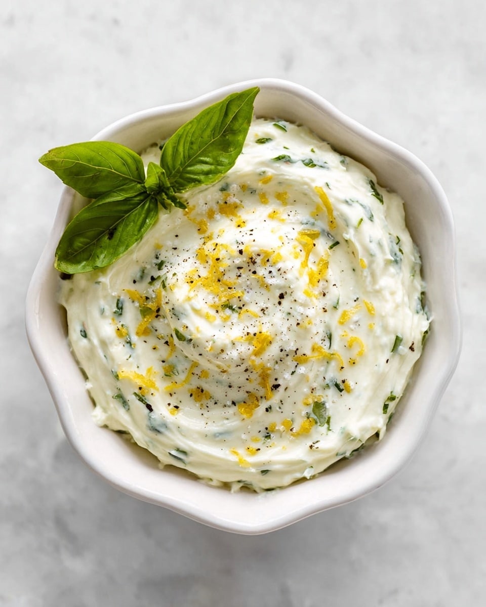 A white bowl with a scalloped edge holds a creamy mix that looks smooth with small green herb pieces mixed in. The top layer is swirled with gentle peaks and sprinkled with finely grated yellow zest, coarse sea salt, and freshly cracked black pepper. A fresh, bright green basil leaf sits on top as a garnish. The bowl is placed on a white marbled surface, creating a clean and simple setting. Photo taken with an iphone --ar 4:5 --v 7