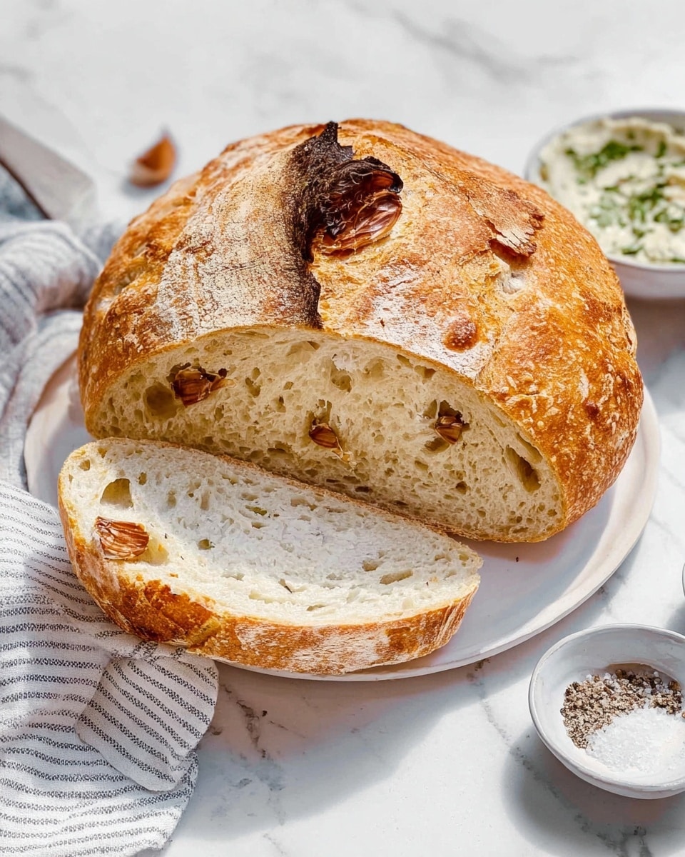 A round loaf of bread is placed on a white plate on a white marbled surface with a striped cloth under the plate. The bread has a crusty golden-brown outer layer with a small piece of dark toasted garlic on top. One thick slice is cut from the loaf, showing a soft, airy inside with a light beige color and some whole roasted garlic pieces embedded in the crumb. To the right, a small white bowl contains a creamy spread with green herbs, and a second small white dish holds coarse salt and ground pepper. The scene is lit with soft natural light, giving a fresh and cozy feeling photo taken with an iphone --ar 4:5 --v 7