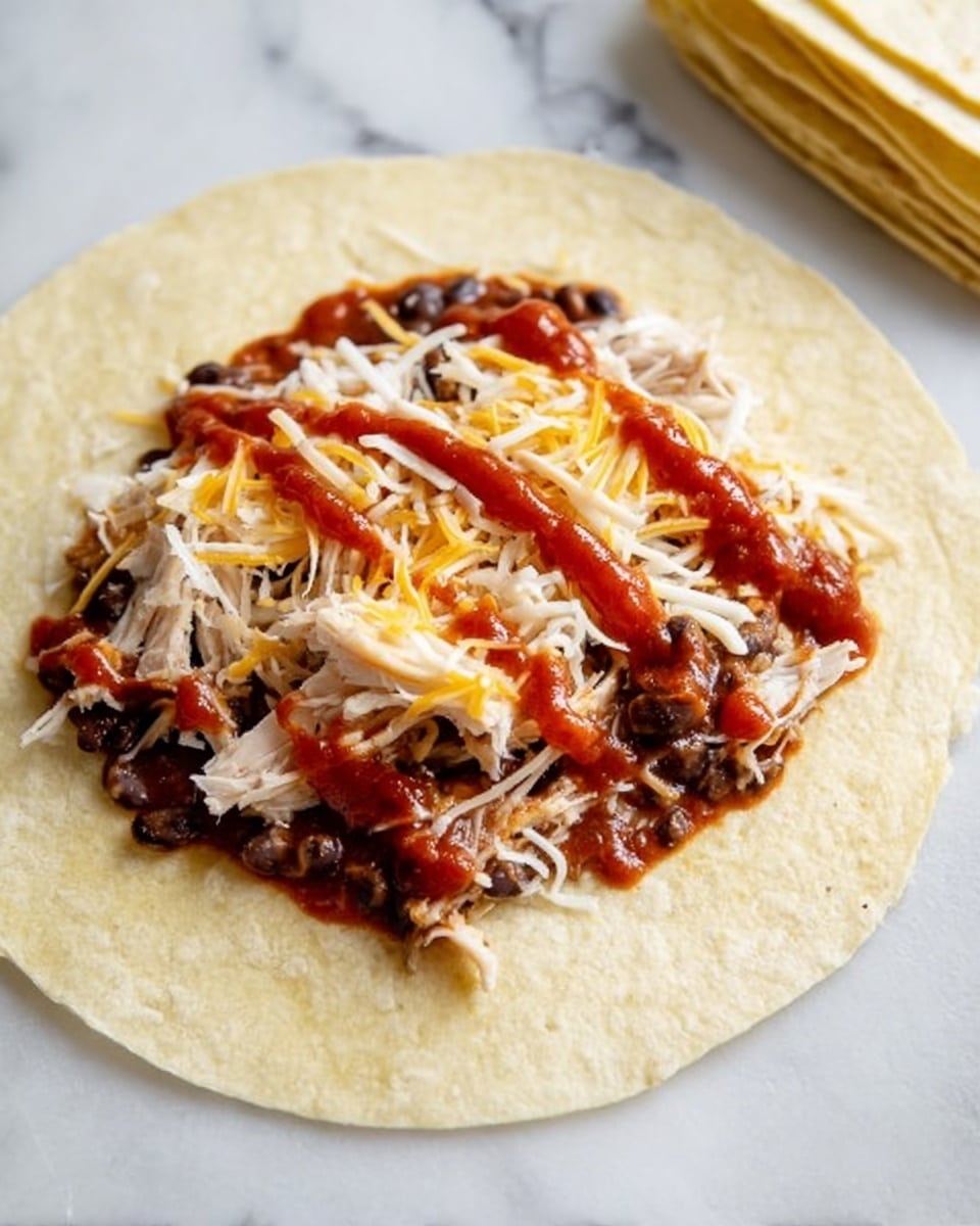 A soft, light yellow tortilla lays flat on a white marbled surface, topped with a dark, chunky layer of refried black beans spreading evenly across the center. Over the beans is a layer of shredded white chicken meat, scattered in loose strands with a few thin shredded pieces of yellow and white cheese mixed in. Two thick lines of deep red salsa sauce sit on top of the chicken and cheese, slightly glossy with a textured surface. In the top right corner, a small stack of plain light yellow tortillas is visible. Photo taken with an iphone --ar 4:5 --v 7