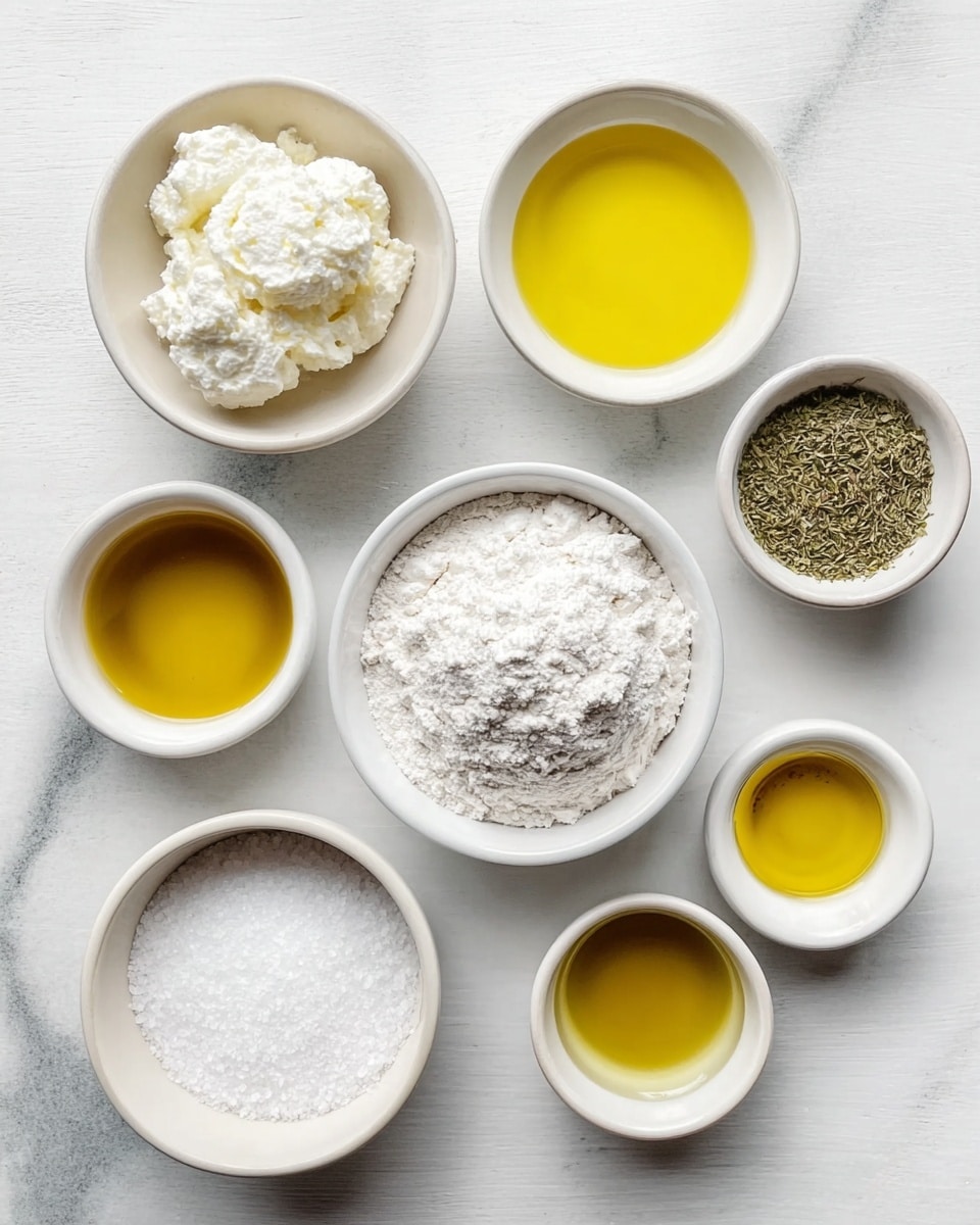 The image shows nine small white bowls arranged on a white marbled surface. Starting from the top left: a bowl with white creamy cottage cheese, next to it is a bowl with bright yellow olive oil, and to the right is a small bowl with green dried herbs. Below them, a larger bowl holds fine white powder, likely sugar or flour. Below left is another bowl filled with white flour. Centered between them is a tiny bowl with coarse salt. At the bottom, from left to right, there are three small bowls with different clear golden liquids, probably various oils or vinegar. All bowls are simple white ceramic and neatly placed in a balanced layout. Photo taken with an iphone --ar 4:5 --v 7
