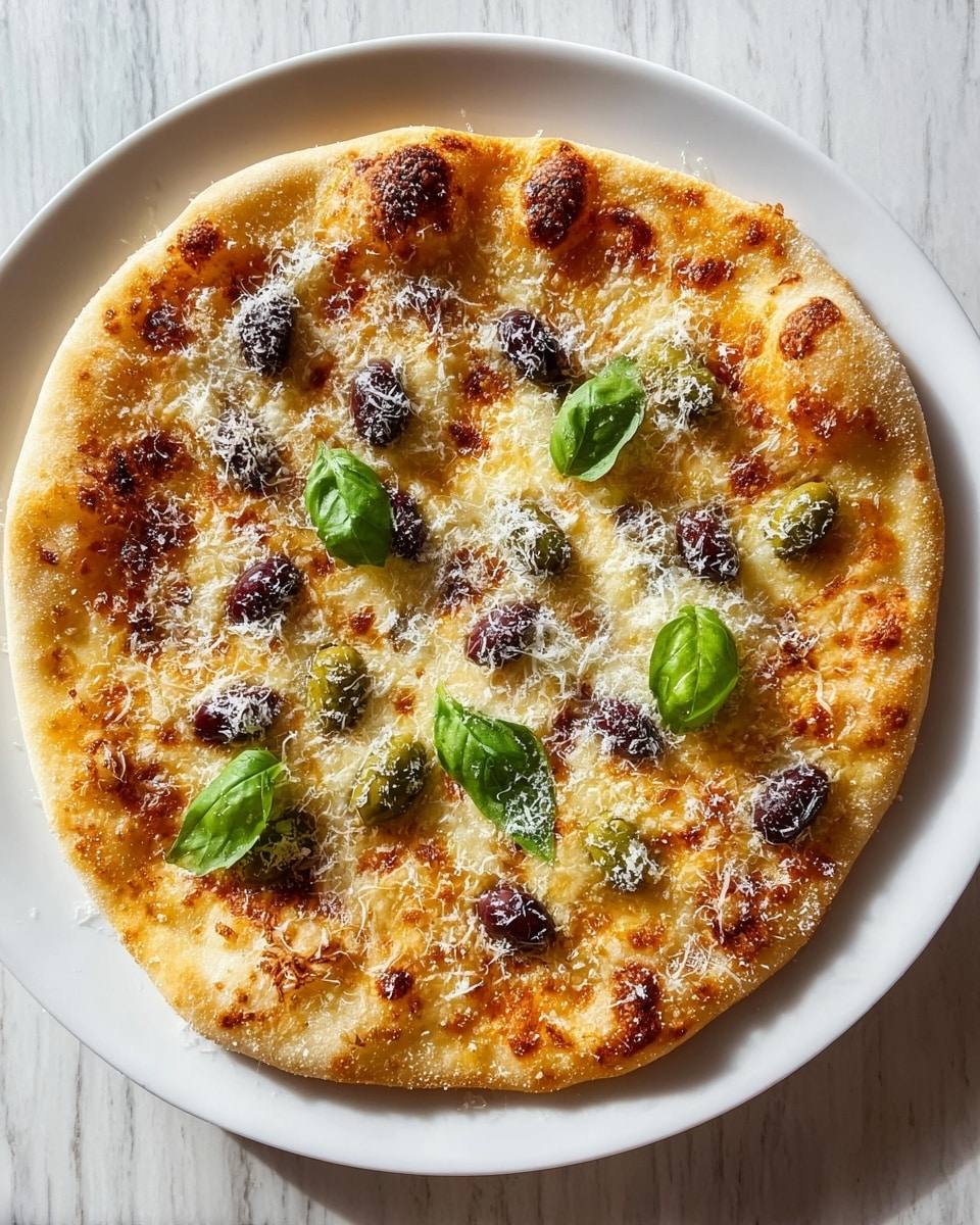 Two small round mini pizzas sit on a white speckled plate placed on a wooden table with a white marbled texture surface beneath. Each pizza has a thick, golden-brown crust with bubbling melted cheese and scattered white chunks of soft cheese on top. Bright red tomato sauce peeks through the cheese, and slices of dark purple olives are scattered on both pizzas. Small bits of green herbs are sprinkled across the top, giving a fresh look. In the blurred background, there's a small bowl. Photo taken with an iphone --ar 4:5 --v 7