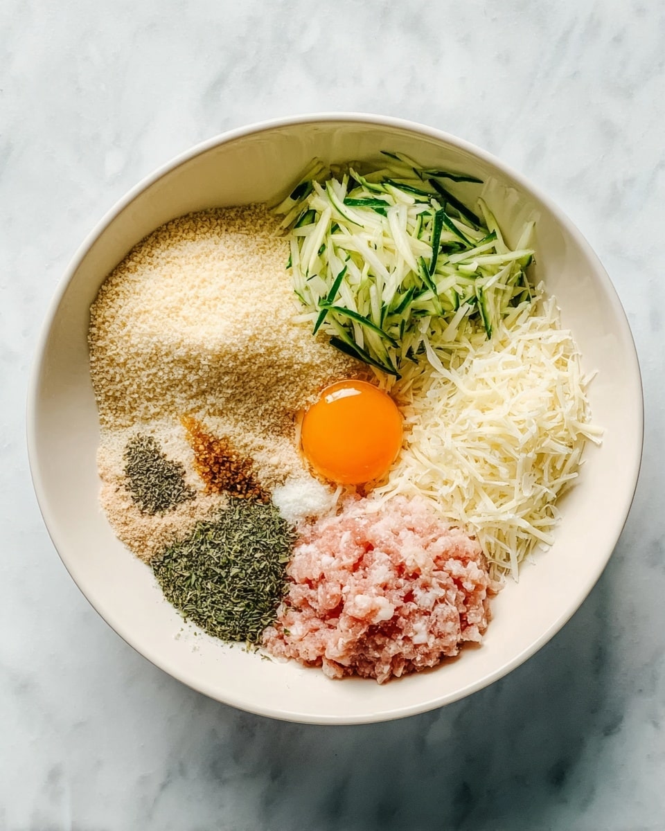 A white bowl sits on a white marbled surface, filled with seven different ingredients placed side by side in separate sections. There is a mound of light beige breadcrumbs in the top left, next to a heap of green shredded zucchini in the top right. Below the breadcrumbs is a pile of shredded white cheese, and nearby there is a small mound of light brown seasoning. Below the cheese and seasoning is a smaller pile of mixed dried herbs that are green and brown. Nestled next to these seasons is a raw ground pale pink meat with a glossy surface that takes up the bottom right space. Right in the center is a raw egg yolk with a vibrant orange color sitting on the meat. Photo taken with an iphone --ar 4:5 --v 7