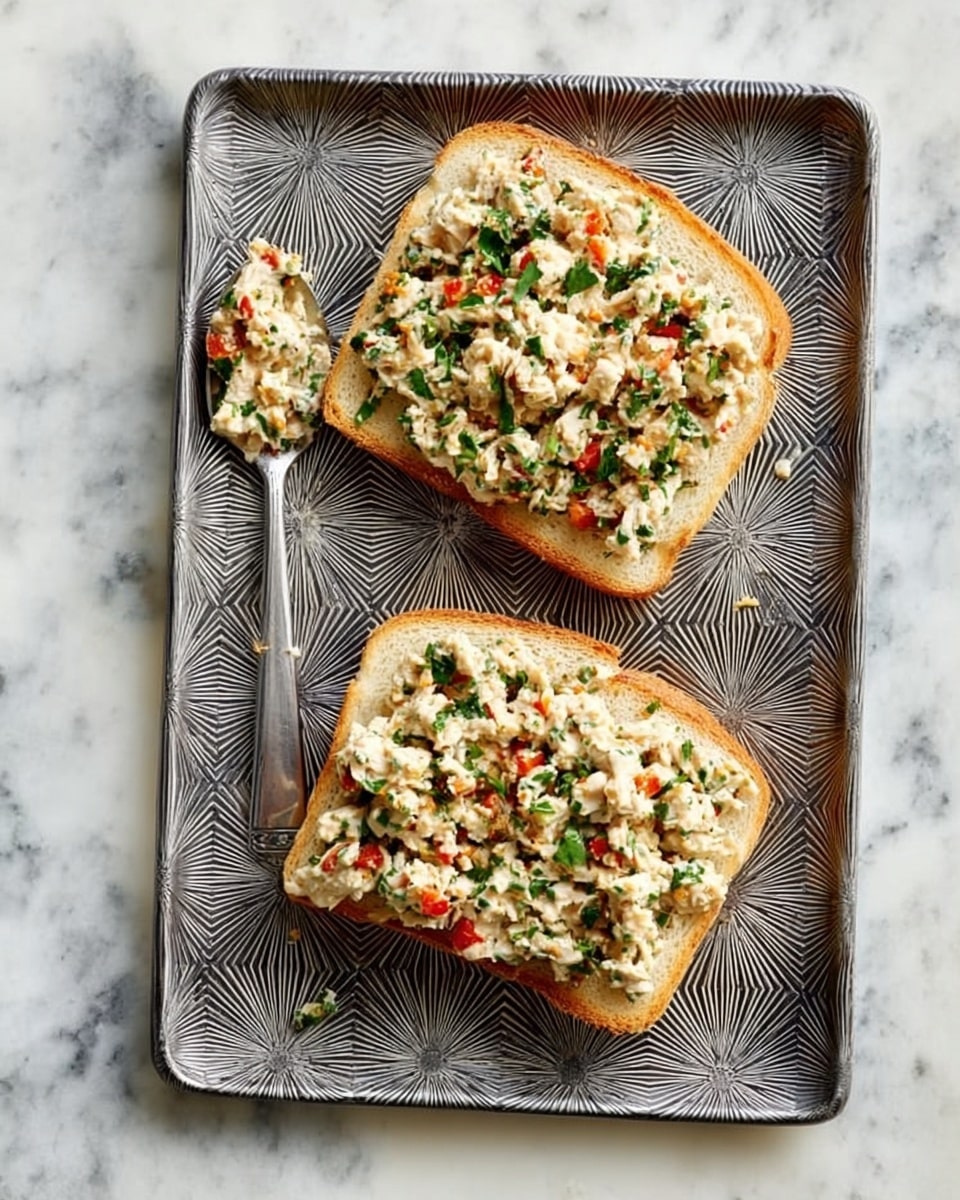 Two slices of toasted white bread are placed on a rectangular gray tray with starburst patterns. Each slice is thickly topped with a creamy mixture containing small bits of light beige chicken, finely chopped green herbs, and small red bell pepper pieces. A silver spoon with some of the same creamy mixture rests on the left side of the tray. The tray is set on a white marbled surface. photo taken with an iphone --ar 4:5 --v 7