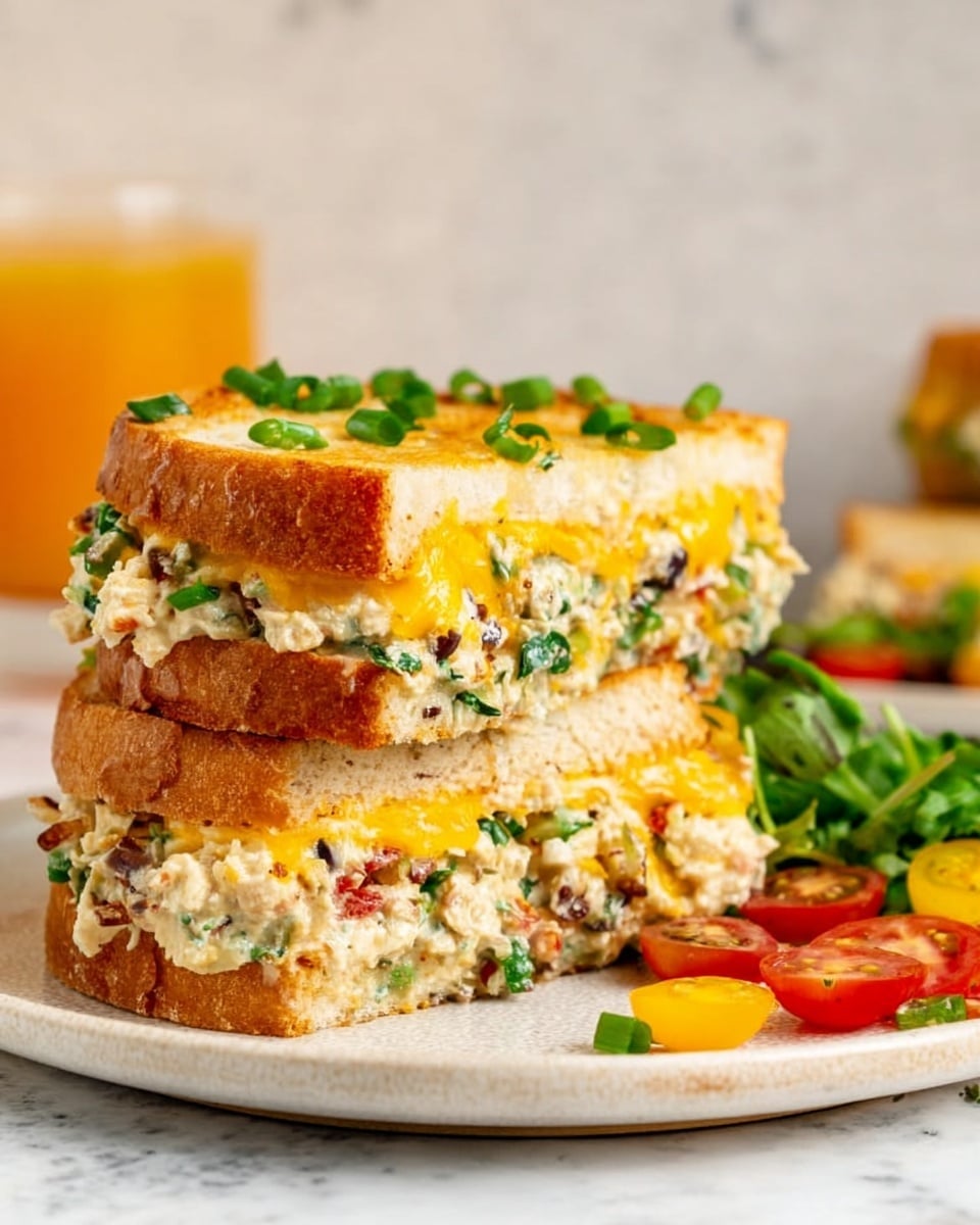 The image shows two thick slices of toasted bread stacked on a white plate with a white marbled background. Each slice has three layers: a base of golden toasted bread, a chunky creamy filling mixed with small pieces of green herbs and red bits, and a melted yellow cheese layer on top sprinkled with chopped green onions. Next to the sandwich, there is a small side salad with green leaves and halved cherry tomatoes in red and yellow. In the background, a blurry glass with an orange drink is visible. Photo taken with an iphone --ar 4:5 --v 7