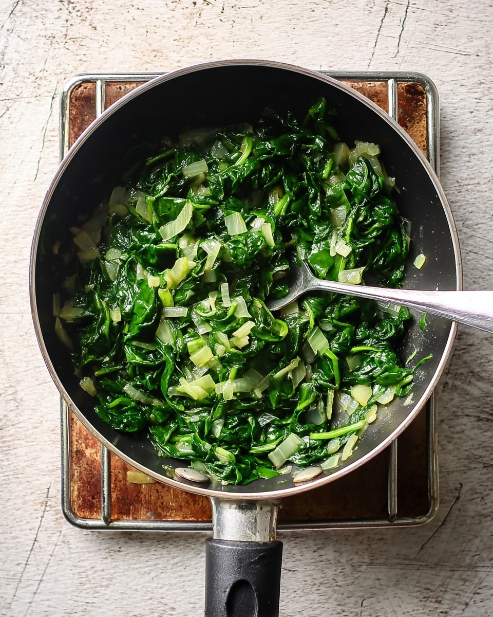 A round metal pan with a black inside holds cooked bright green spinach leaves mixed with small pieces of translucent white onion. A silver spoon rests inside the pan on the right, partially covered by the spinach and onion mix. The pan has a black handle extending out to the bottom right corner. The pan sits on a simple metal rack placed on a white marbled surface. Photo taken with an iphone --ar 4:5 --v 7