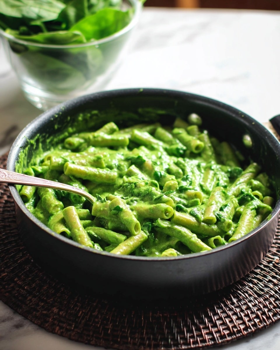 A black pot filled with short tube pasta fully coated in a thick, bright green sauce that looks creamy and smooth. The pot is placed on a dark woven placemat, and there is a silver fork resting inside the pot, partially covered by the pasta and sauce. In the background, there is a blurred glass bowl with fresh green leaves, all set on a white marbled surface. Photo taken with an iphone --ar 4:5 --v 7