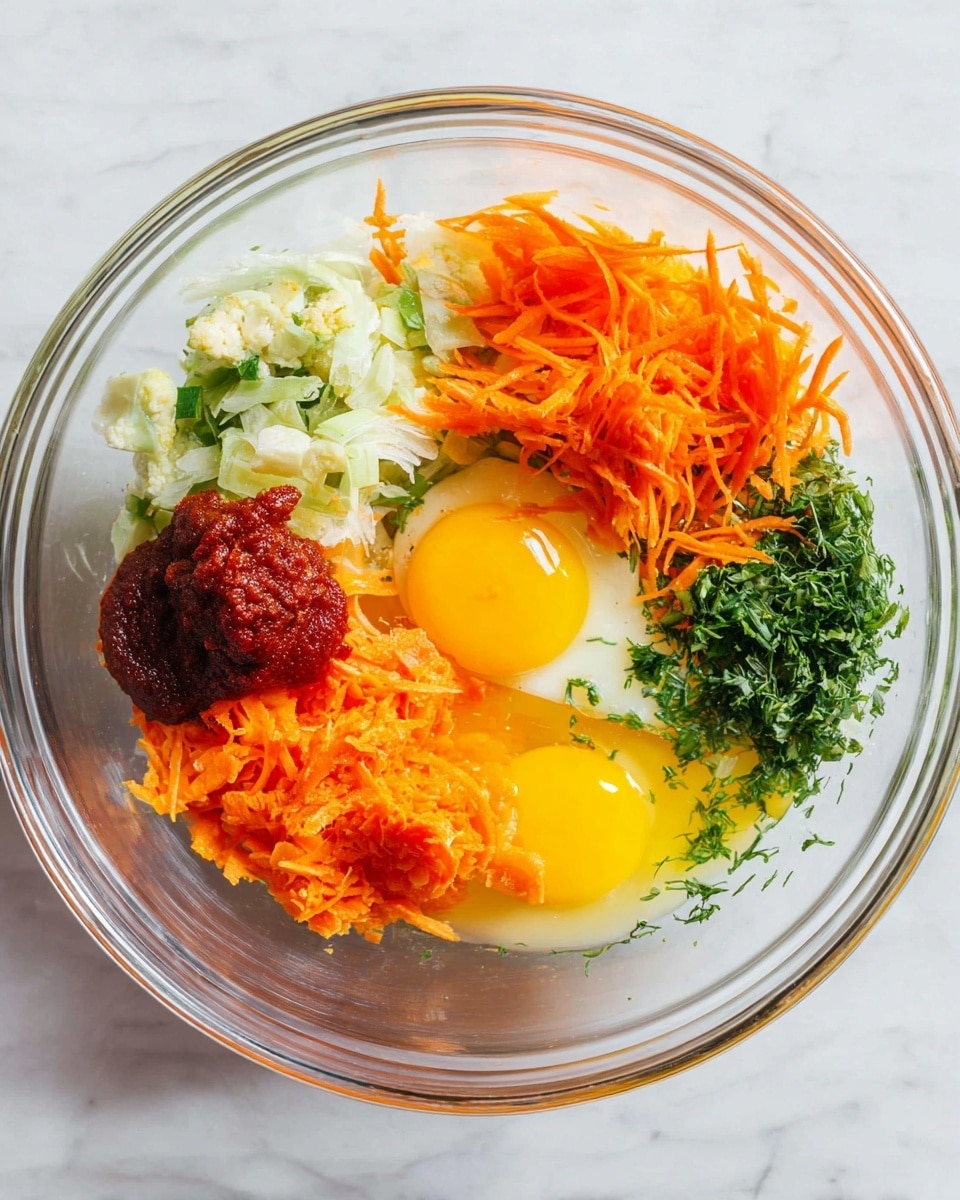 A clear glass bowl contains several fresh ingredients layered separately without mixing. In the upper right, two whole raw eggs with bright yellow yolks float in clear egg whites. To the bottom right, finely chopped green herbs add a fresh texture. Below the eggs and herbs, a pile of shredded bright orange carrots forms a loose mound. In the bottom left, a thick dollop of dark red tomato paste sits beside more shredded carrots. To the top left, finest bits of light green and white vegetables rest near the carrot mash. The bowl sits on a white marbled surface. Photo taken with an iphone --ar 4:5 --v 7