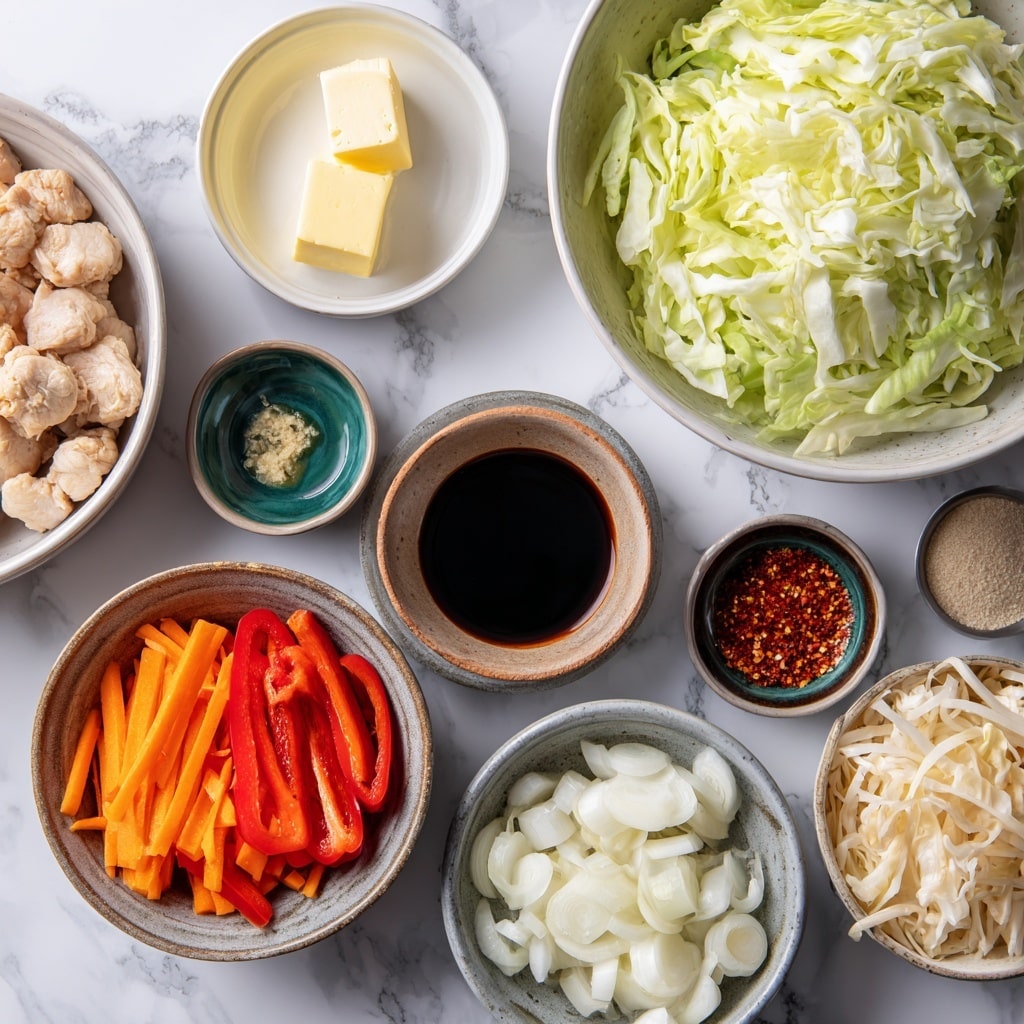 A white bowl filled with stir-fried chicken and mixed vegetables sits on a white marbled surface. The dish has three main layers: the bottom layer shows light green and white pieces of cabbage with a slightly glossy texture, the middle layer contains bright orange carrot sticks and green pepper slices, and the top layer showcases tender, light brown chicken pieces coated in a light sauce with small sesame seeds scattered throughout. The overall look is colorful and fresh, with a shiny, cooked texture on all ingredients. Photo taken with an iphone --ar 4:5 --v 7