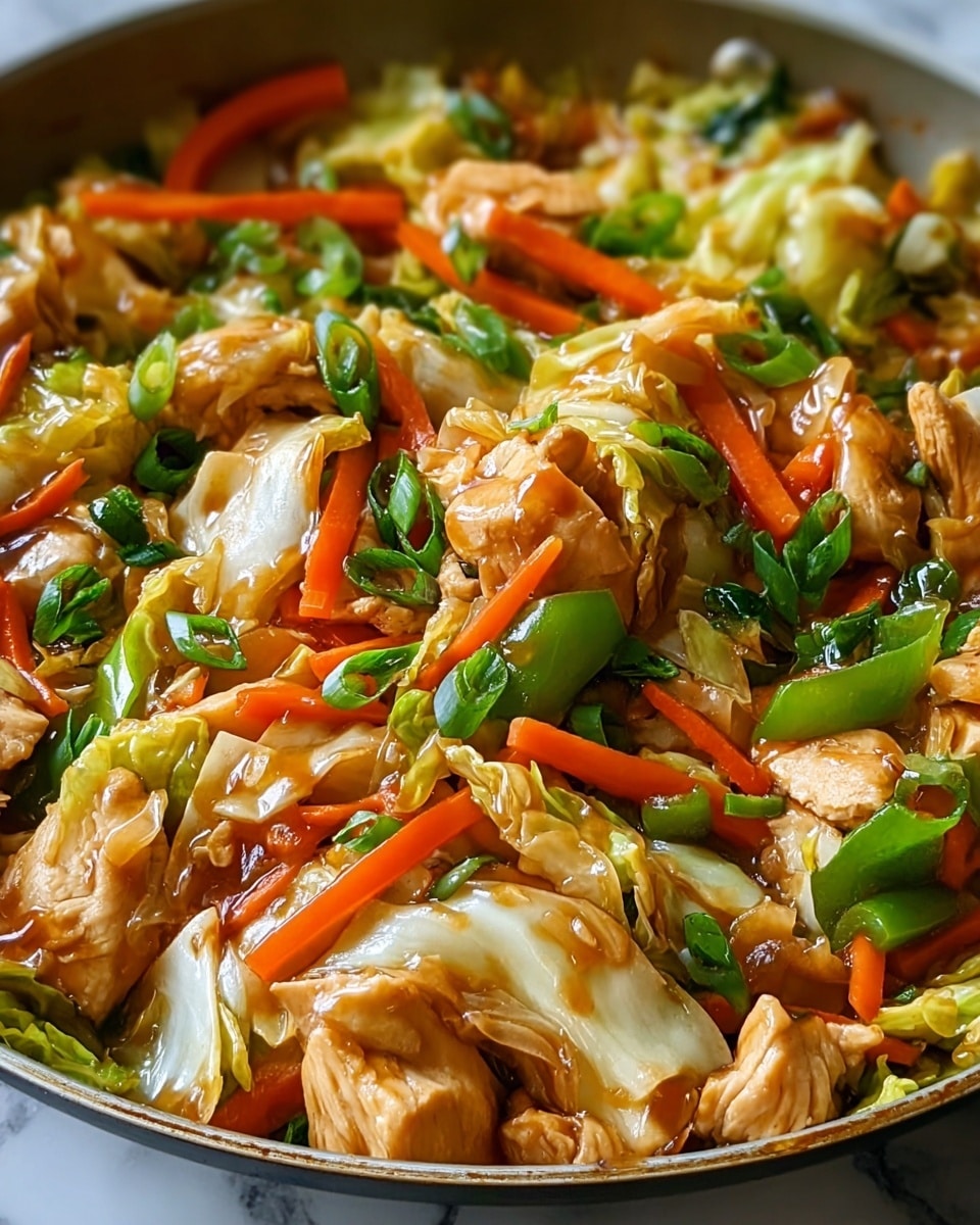A close-up view of a white bowl filled with a colorful stir-fry dish featuring three main layers: tender light brown chicken pieces scattered throughout, bright orange thin carrot strips and red pepper slices, and vibrant green and pale yellow cabbage leaves mixed with some leafy green vegetables. The ingredients are coated with a shiny glaze, with small sesame seeds sprinkled on top. The bowl sits on a white marbled surface, showing a fresh, warm, and appetizing meal. Photo taken with an iphone --ar 4:5 --v 7