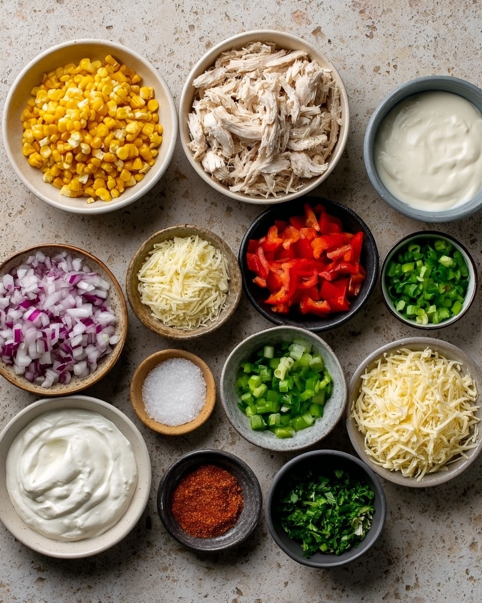 The image shows a white marbled surface with multiple small white and dark bowls arranged neatly. The bowls contain shredded chicken, cooked corn, chopped red bell peppers, finely chopped green bell peppers, chopped red onions, chopped green onions, white shredded cheese, plain white yogurt, sour cream, chili powder, paprika, salt, and some green herbs on the side. The colors are bright and fresh with a variety of textures, from soft and creamy yogurts to crunchy vegetables and tender chicken. no woman's hand is present. photo taken with an iphone --ar 4:5 --v 7