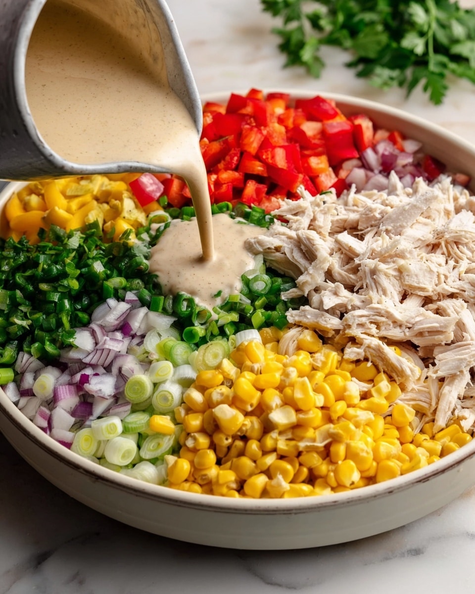 A white bowl filled with carefully arranged colorful layers of food on a white marbled surface. The bottom half shows bright yellow corn kernels, light green and white sliced green onions, finely chopped light purple onions, and small diced green peppers. Towards the top part, there are chopped red bell peppers, shredded light beige chicken, and finely chopped fresh green herbs. A creamy light brown dressing is being poured over the ingredients from the top left side. The textures range from soft and moist shredded chicken to crisp chopped vegetables. Photo taken with an iphone --ar 4:5 --v 7