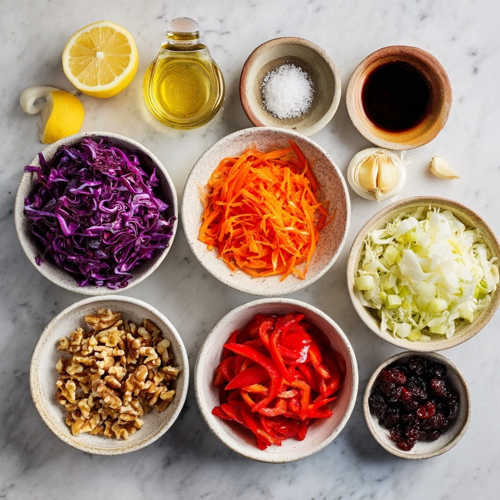 The image shows a white bowl filled with a colorful salad made of shredded purple cabbage, light green cabbage, thin orange carrot strips, and small red bell pepper pieces. On top of the salad, fresh green cilantro leaves are scattered. The bowl is placed on a white marbled surface with some cilantro leaves and a small white bowl of red chili pieces in the background. The overall look is fresh and vibrant with layers of chopped vegetables mixed evenly photo taken with an iphone --ar 4:5 --v 7