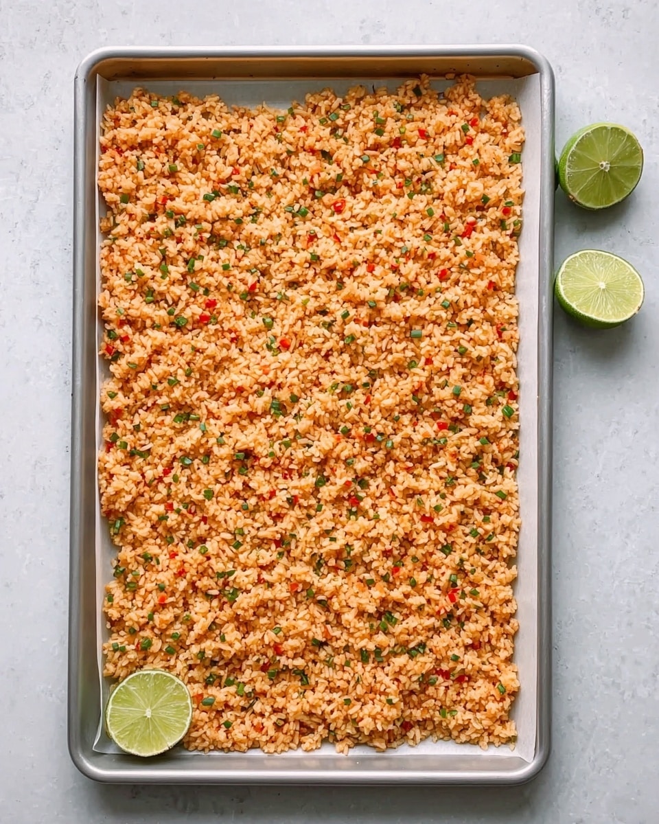 A large rectangular silver baking tray lined with white parchment paper is filled with a single thick layer of cooked rice mixed with small green herb bits and tiny red pieces, giving it a speckled look of light orange, red, and green. The rice has a slightly dry, textured appearance and is spread evenly across the tray. On the white marbled surface next to the tray are two lime halves, one showing the light green flesh. Photo taken with an iphone --ar 4:5 --v 7