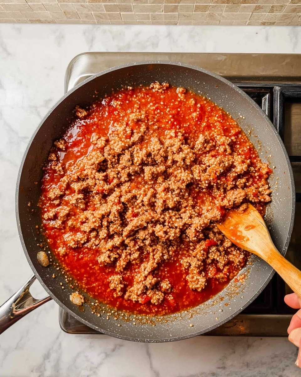 A large gray pan on a stove contains cooked ground meat mixed with a red tomato sauce, with small grains of white quinoa scattered evenly over the top. The meat and sauce layer is uniform across the pan, with a slightly oily texture showing some shine, and the quinoa adds a granular texture. In the right corner, a woman's hand is holding a wooden spatula, stirring the mixture. The background is a white marbled countertop with a beige tile backsplash. photo taken with an iphone --ar 4:5 --v 7