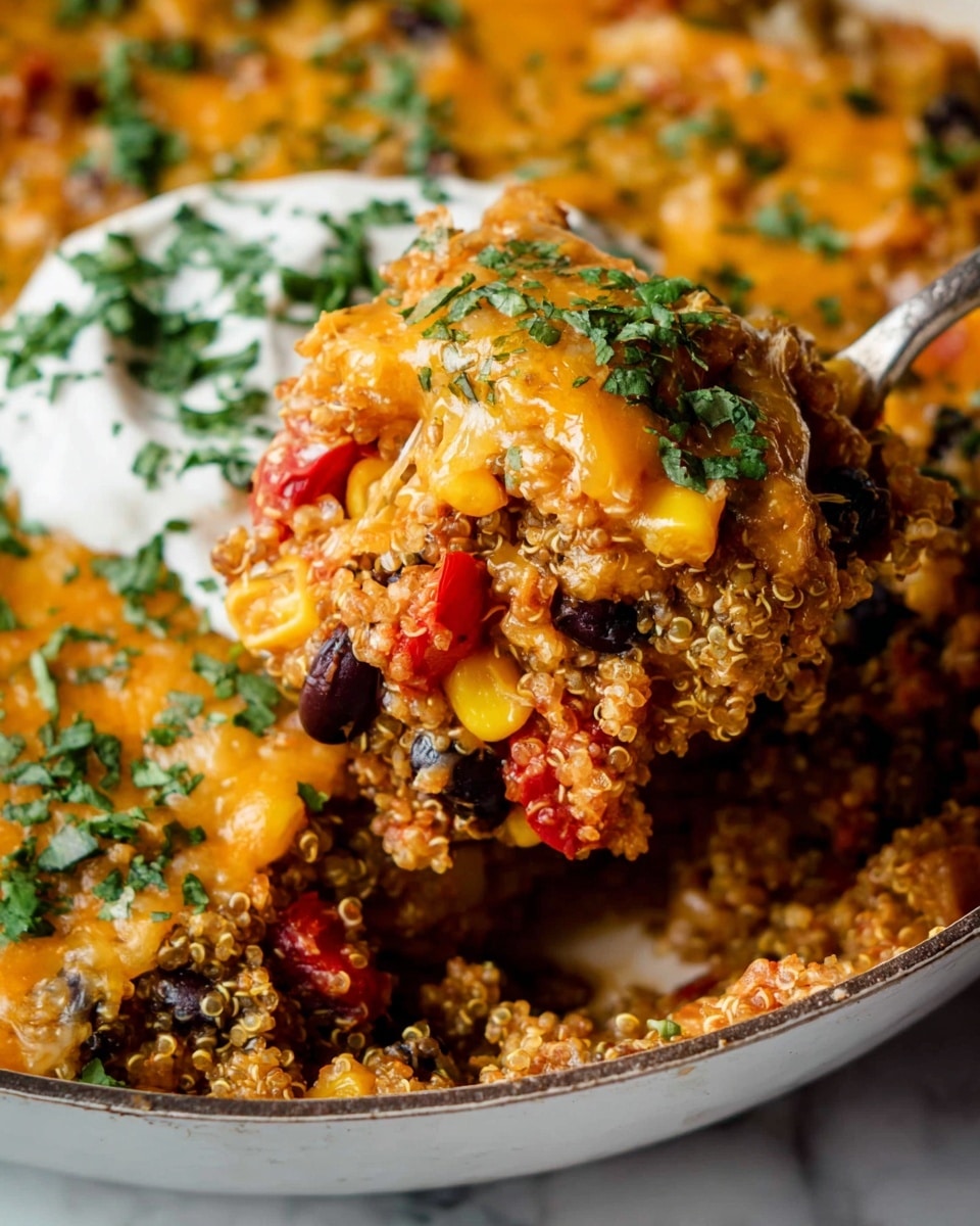 The image shows a close-up of a layered quinoa casserole inside a white dish, sitting on a white marbled surface. The casserole has a mix of light beige quinoa grains, yellow corn kernels, black beans, and small red tomato pieces in the bottom and middle layers. Melted cheddar cheese with a rich orange color covers these ingredients, creating a gooey, textured top layer. A dollop of white sour cream with a smooth texture sits on one side, topped with chopped green herbs sprinkled all over. A spoon holds a scoop of the casserole, showing the vibrant mix of colors and textures from the quinoa, beans, corn, cheese, and herbs. Photo taken with an iphone --ar 4:5 --v 7