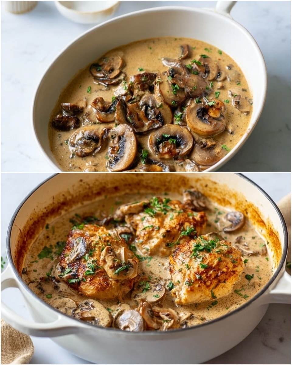 A white plate holds two main layers beside each other on a white marbled surface. On the left, there is a browned piece of chicken covered with light brown gravy mixed with sliced mushrooms and small green herbs. On the right, there is a soft, white pile of mashed potatoes topped with the same light brown gravy and a few mushroom slices, sprinkled lightly with black pepper. A small sprig of fresh green herbs sits on the edge of the plate near the top. Photo taken with an iphone --ar 4:5 --v 7