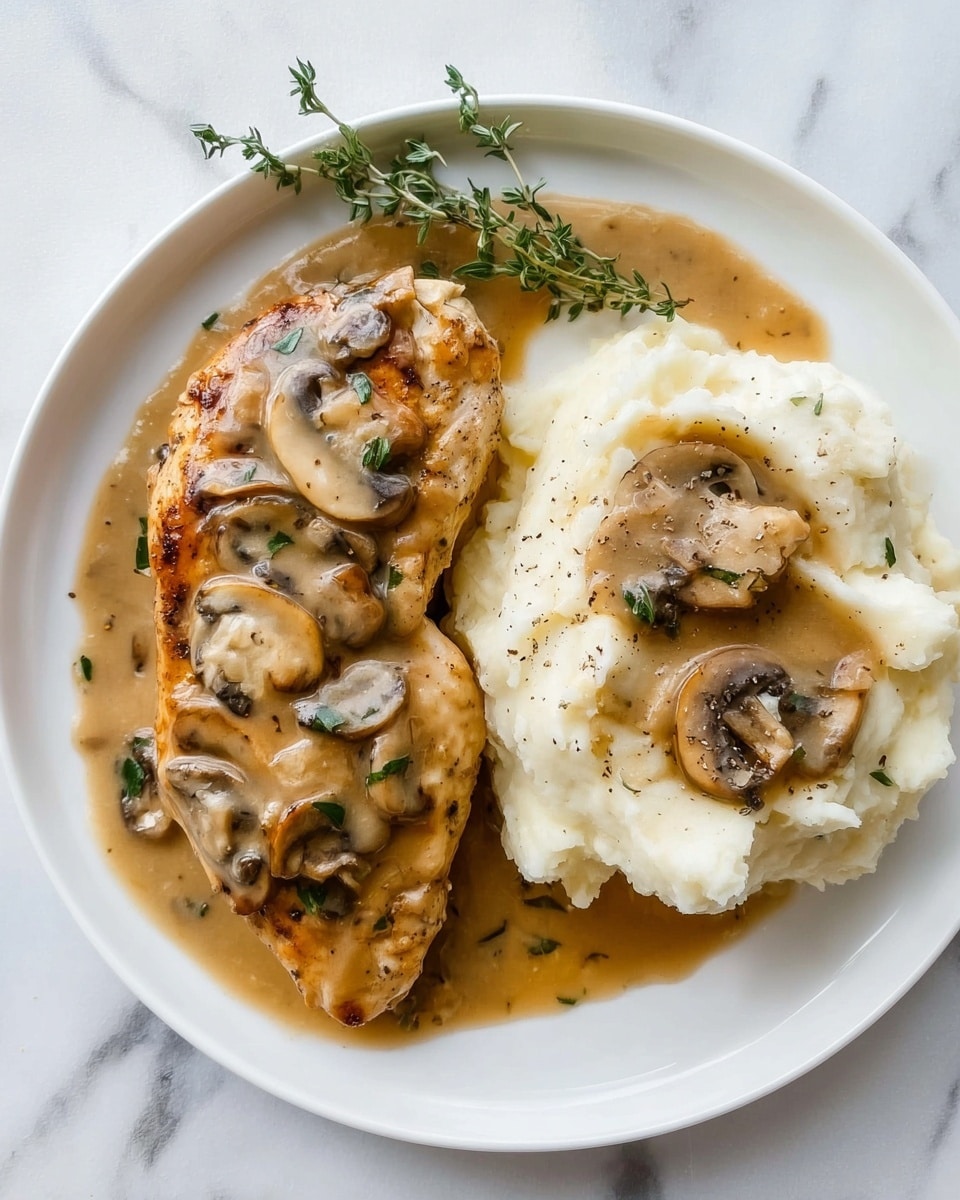 The image shows two white pots on a white marbled surface. The first pot contains a creamy light brown sauce with sliced cooked mushrooms, the sauce having a smooth, thick texture and the mushrooms sitting on top. In the second pot, there are three golden brown seared chicken pieces partially covered by the same creamy sauce with mushrooms, garnished with fresh green herbs scattered over the top. The overall look is warm and rich with a mix of beige, brown, and green colors, capturing a cozy homemade meal. Photo taken with an iphone --ar 4:5 --v 7