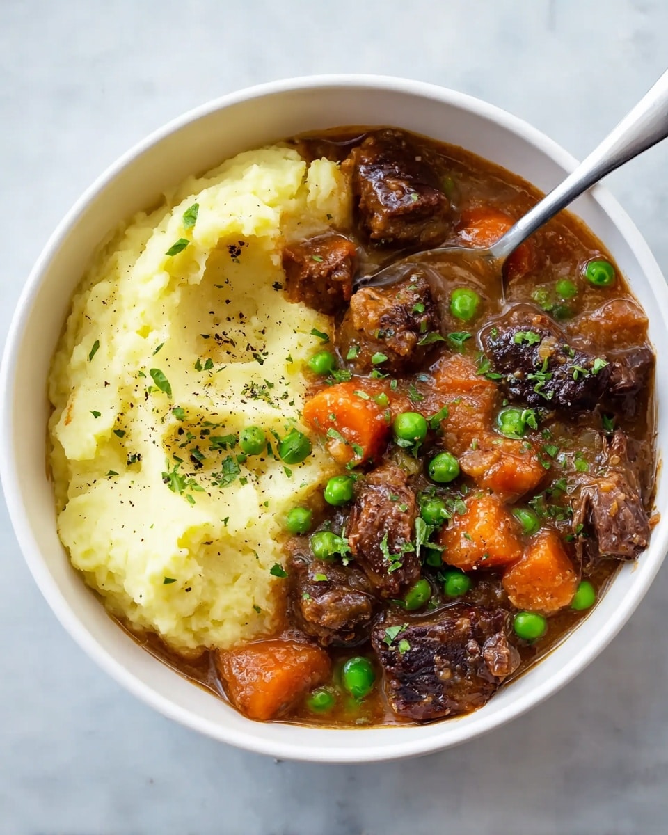 A white bowl filled with three main layers: at the bottom, smooth pale mashed potatoes forming a creamy base; on top, tender brown beef chunks coated in a rich, glossy brown gravy mixed with bright orange carrot slices; scattered over the beef and carrots, vivid green peas adding a pop of color, with small green herb leaves sprinkled on top for garnish; the dish sits on a white marbled surface. photo taken with an iphone --ar 4:5 --v 7