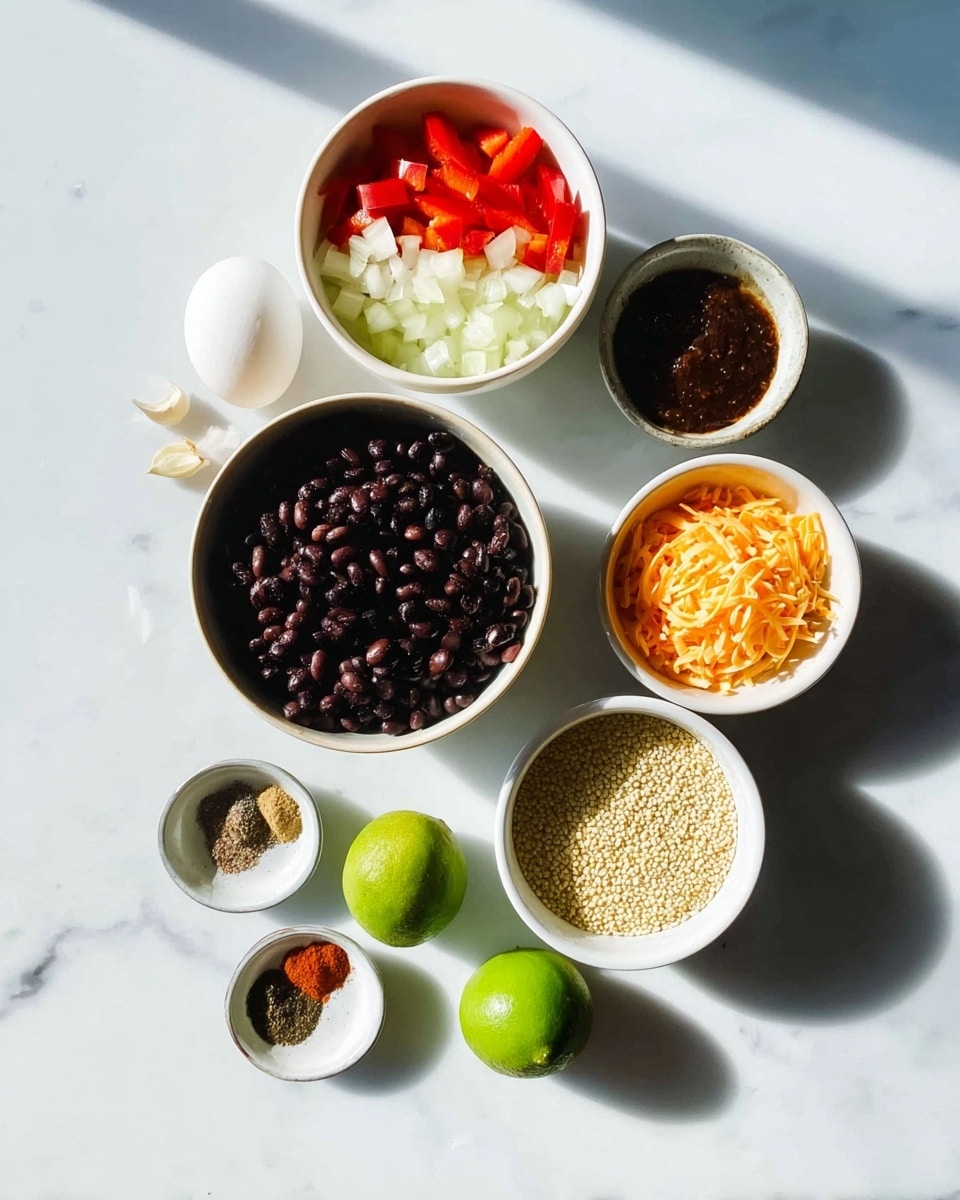 The image shows seven white bowls arranged on a white marbled surface in bright daylight casting strong shadows. The biggest bowl at the bottom left has dark brown black beans filling it. Above it is a bowl with diced white onions and bright red bell peppers. To the right of that is a small bowl with a dark brown paste of spices or sauce. Near the bottom right corner is another bowl filled with bright orange shredded cheese. Below that is a bowl with light beige round grains, possibly quinoa or couscous. In the center sit two lime halves bright green in color. At the top left is a very small bowl holding fine powders of different colors—white, brown, and green—likely spices. Two cloves of garlic lay nearby. In the bottom left corner, the edge of a white egg is visible. The overall scene is clean and bright with strong, clear shadows. Photo taken with an iphone --ar 4:5 --v 7