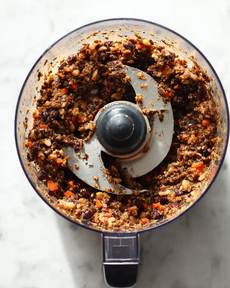 A close-up top view of a food processor bowl filled with a chunky mixture of dark brown, orange, and beige colors showing small bits of vegetables and beans, with two large silver blades in the center coated with the thick mixture; the bowl is transparent and sits on a white marbled surface. photo taken with an iphone --ar 4:5 --v 7
