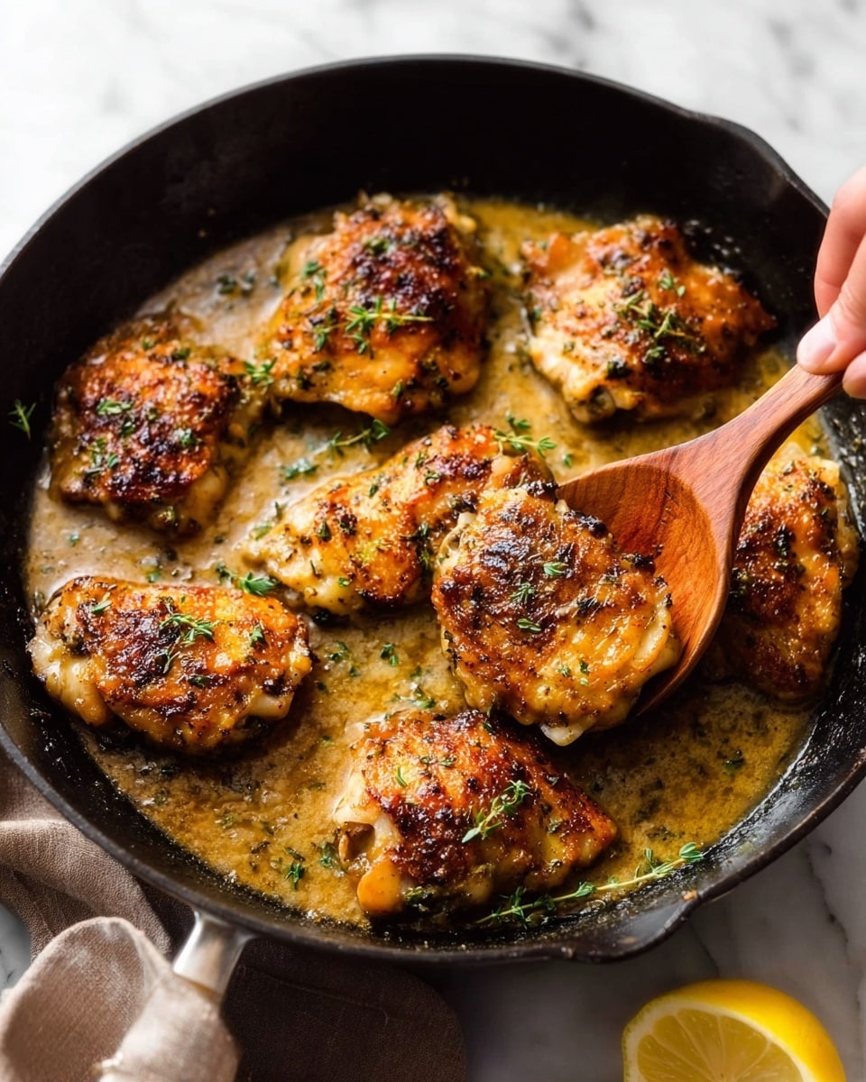 A black cast iron skillet filled with eight cooked chicken pieces that have a golden brown and slightly crispy skin, resting on a thick creamy sauce with visible small herb bits. The chicken looks well-seasoned and evenly spaced inside the skillet. Around the skillet, there is a small white bowl with chopped green herbs on a white marbled surface, some garlic cloves, a folded cloth napkin with a subtle leopard pattern, and a wooden spatula touching one piece of chicken. photo taken with an iphone --ar 4:5 --v 7