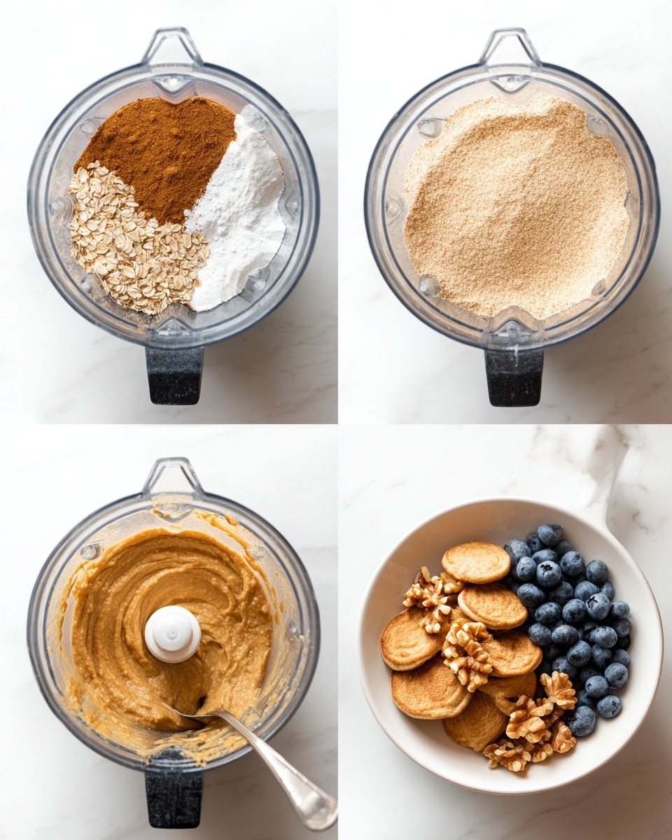The image shows four steps to make a dish. The first image is a top view of a blender filled with dry ingredients in separate piles: light brown oats, dark brown cinnamon, and white baking soda on a white marbled background. The second image shows the dry ingredients blended into a fine, light beige powder inside the blender with the same background. The third image shows the blender filled with a smooth, thick, light brown batter. The final image shows a white round plate filled with small, round, golden-brown pancakes stacked close together, with a white bowl of oatmeal topped with walnuts and fresh blueberries on top; a silver spoon is placed inside the bowl, all set on a white marbled surface. photo taken with an iphone --ar 4:5 --v 7