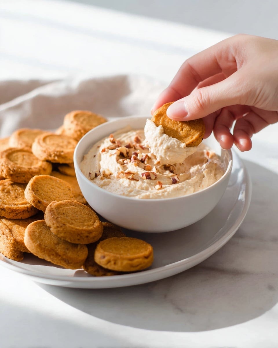 A white shallow bowl filled with light beige creamy dip topped with small nut pieces is placed on a white marbled surface. Around this bowl, a white round plate holds several golden brown small round cookies with a slightly darker, smooth center. A woman's hand is holding one cookie, dipping it into the creamy dip, showing the contrast between the textured cookie edges and the smooth dip. The scene looks bright and clean with soft natural light coming from the left side. photo taken with an iphone --ar 4:5 --v 7