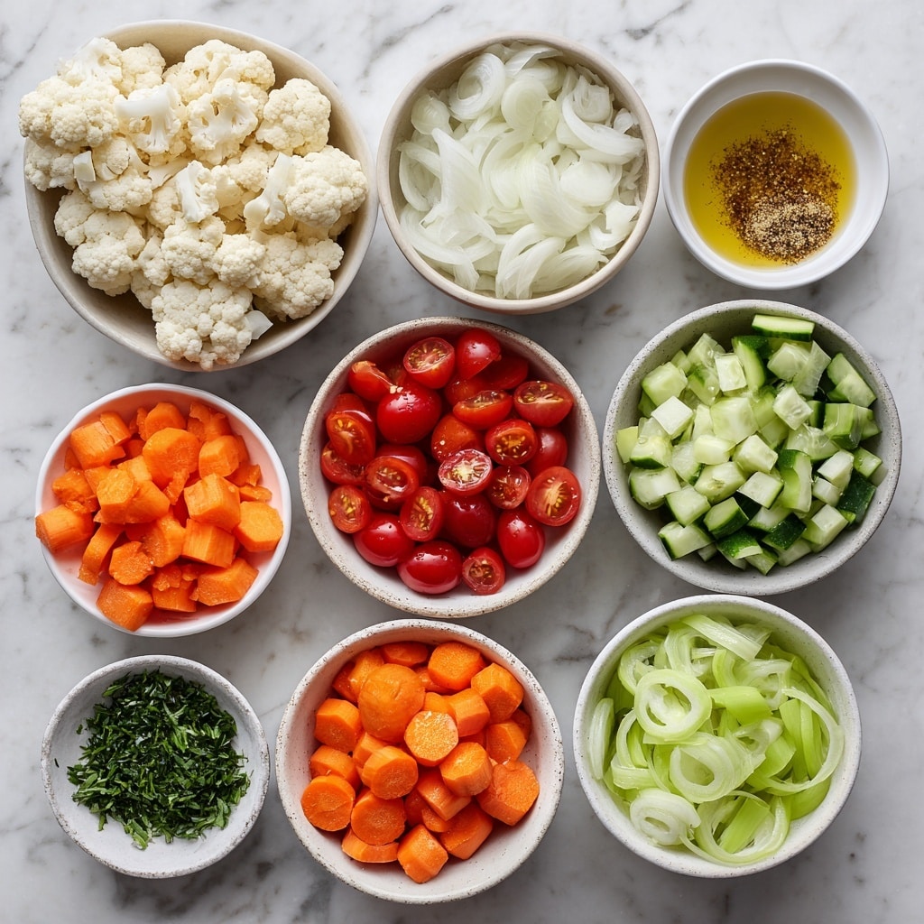 The image shows several small white bowls arranged on a white marbled surface, each filled with different fresh vegetables and ingredients. There are thin white strips of onion in one bowl, small curved green celery pieces in another, chopped green parsley, and tiny white bits of garlic in a smaller bowl. A bowl in the center contains irregular white cauliflower florets. Bright orange carrot slices fill another bowl, while a bowl with light green cucumber slices sits nearby. Deep red, halved small tomatoes fill a bowl at the bottom right. There is a clear bowl with pale liquid labeled white wine vinegar, a bowl with greenish-yellow olive oil, and a small bowl holding some seasonings – ground mustard, salt, and white pepper in small piles. The scene is neat and colorful with fresh textures and colors clearly visible. Photo taken with an iphone --ar 4:5 --v 7