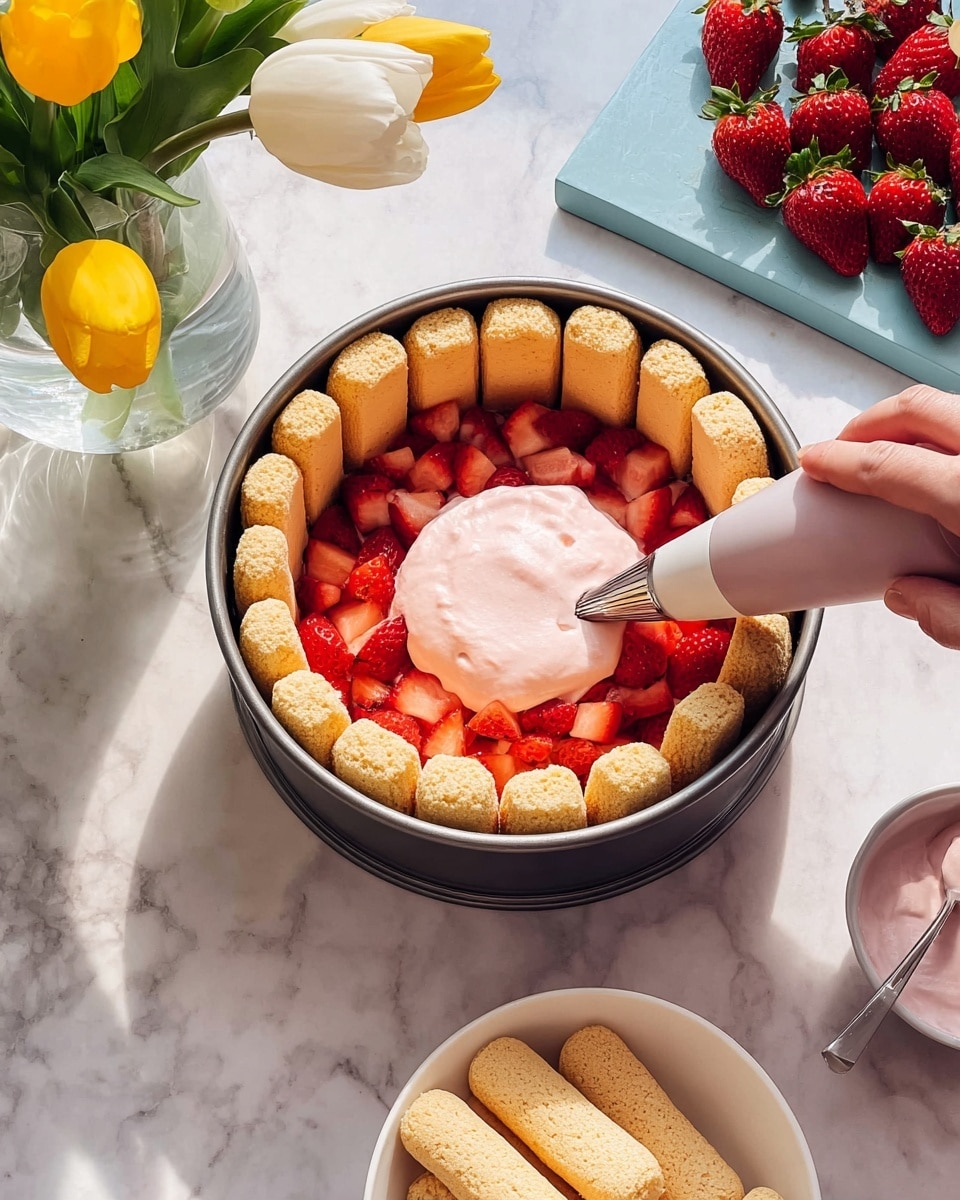 The image shows a round dessert with ladyfinger biscuits standing vertically around the edge inside a springform pan, forming the first layer with their pale orange color and soft texture. Inside the circle, a layer of chopped red strawberries fills the middle. A woman's hand is squeezing pink cream from a piping bag, adding a creamy, smooth layer on top of the strawberries in the center. The pan is placed on a white marbled surface with a small white bowl of extra ladyfingers to the side, a blue board with whole strawberries on it, and a glass vase with yellow and white tulips in the background. Photo taken with an iphone --ar 4:5 --v 7