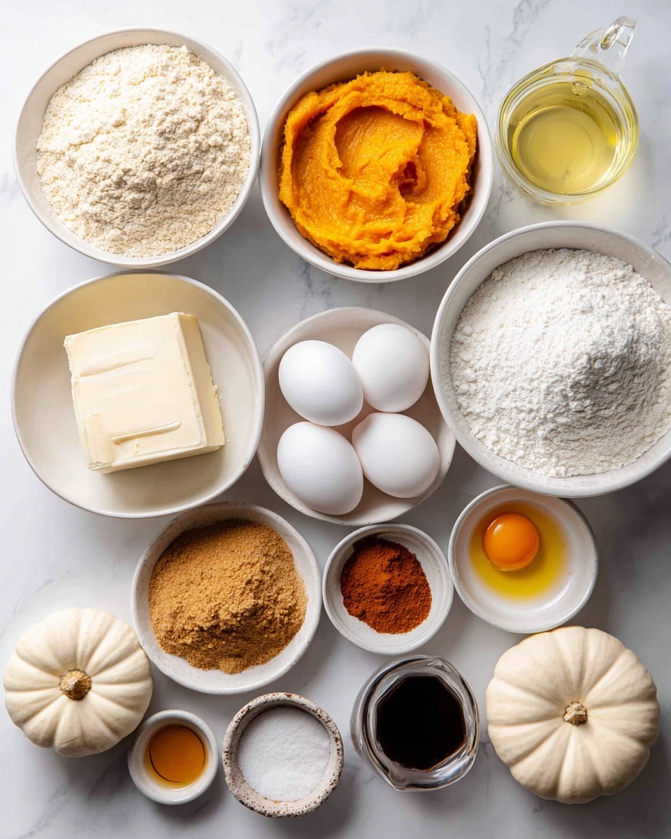 The image shows several white bowls and containers arranged on a white marbled surface, each holding a different baking ingredient. From top left, there is a bowl of light beige all-purpose flour, next to it a bowl of bright orange pumpkin puree with a smooth texture. Below, there is a white bowl filled with white sugar and two white eggs placed beside it. To the right, a clear measuring cup holds light yellow vegetable oil. Below the oil, a small bowl contains dark orange pumpkin spice powder, next to it a tiny bowl with white baking soda. Further down, there are two small bowls—one with a white powder labeled salt and another with dark vanilla extract. Near the bottom left, a bowl of light brown sugar with a crumbly texture sits beside a small white pumpkin. In the center, two rectangular blocks of white cream cheese are placed horizontally, below which are two small bowls—one filled with dark vanilla extract and another with a single bright yellow egg yolk. The ingredients are neatly labeled with black text on white tags. Photo taken with an iphone --ar 4:5 --v 7