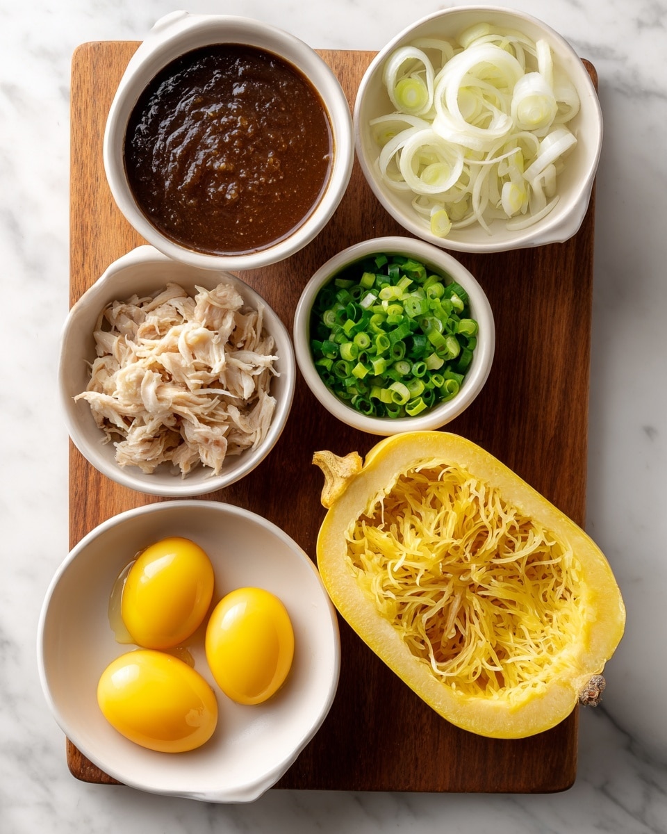 The image shows a wooden board on a white marbled surface with six white bowls and a halved spaghetti squash. The top left bowl contains a dark brown pad thai sauce with a smooth texture. Below it is a small bowl with chopped green onion, bright green in color. The top center bowl holds pale sliced onions that are thin and slightly curved. At the bottom left is a white bowl with three raw eggs, bright yellow yolks in clear whites. Next to it, a white bowl contains small chunks of cooked chicken, light beige with soft texture. On the right side, the halved spaghetti squash is yellow with fibrous strands and seeds in the center. Photo taken with an iphone --ar 4:5 --v 7