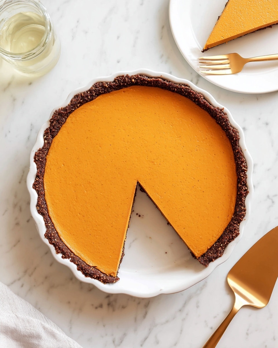 A slice of pie on a white plate with two layers: a dark brown crust at the bottom and a thick orange filling on top. The slice has a small swirl of white whipped cream on the center top. In front of the slice, a piece of pie with the same two layers is on a silver fork, showing the texture of both crust and filling. The plate sits on a white marbled surface, and in the background, there is another slice on another white plate and a glass of milk. photo taken with an iphone --ar 4:5 --v 7
