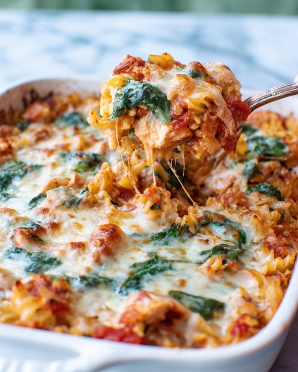 A white casserole dish with a blue floral pattern holds a baked pasta dish. The top layer is melted light golden cheese spread evenly with scattered green spinach leaves. Underneath, the pasta is orange with small red tomato bits mixed throughout. The dish is sitting on a white marbled surface with a white cloth and two spoons with blue and white handles next to it. Photo taken with an iphone --ar 4:5 --v 7