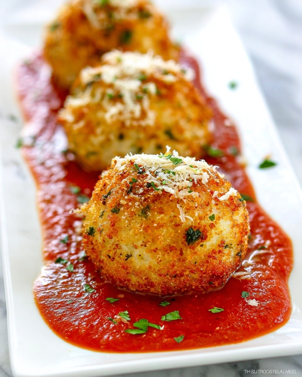 A white plate holds a bed of thin yellow spaghetti noodles spread out evenly. On top of the noodles, there is a bright red tomato sauce with a slightly thick texture, covering the middle part. At the center of the dish, a round, golden-brown breaded ball is cut in half to show a creamy, light yellow melted cheese filling inside. Small green herbs are sprinkled on the breaded crust, and some grated white cheese bits are scattered over the sauce and noodles. The surface beneath the plate is a white marbled texture. Photo taken with an iphone --ar 4:5 --v 7