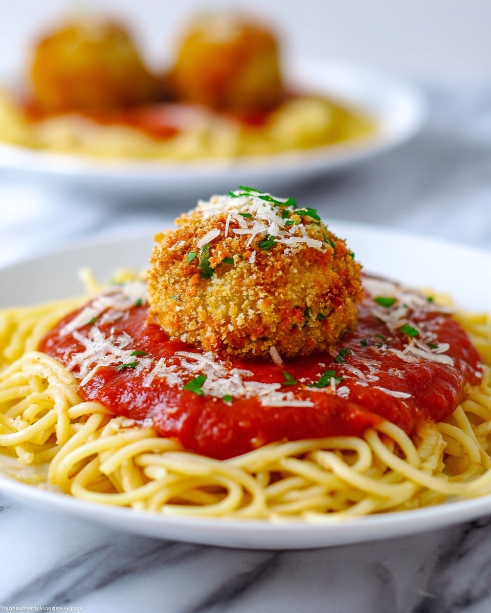 Three round golden-brown baked balls with a crunchy textured coating are placed in a line on a long white plate. Each ball has small bits of green herbs mixed in the crust and a sprinkle of grated cheese on top. They sit on a thick layer of bright red smooth tomato sauce that spreads underneath and around them, with small green parsley leaves scattered on the sauce. The background surface is a white marbled texture. Photo taken with an iphone --ar 4:5 --v 7
